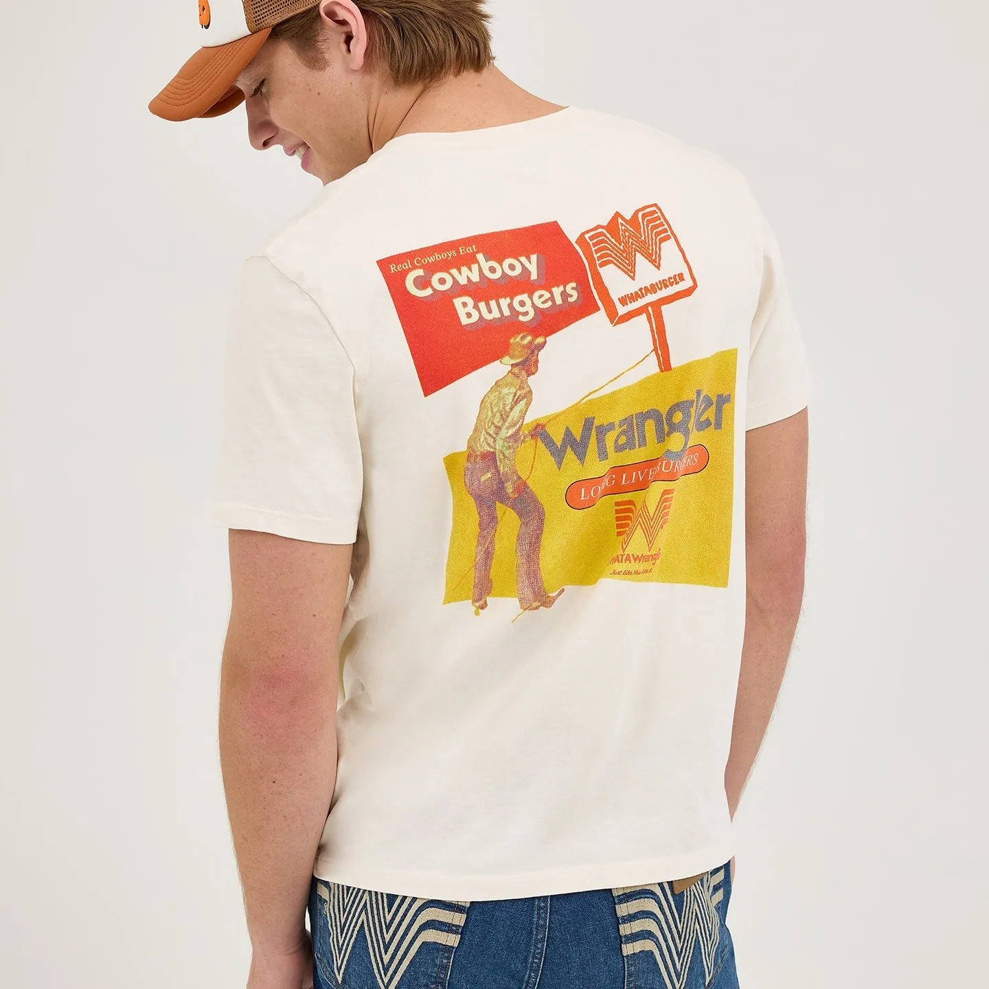 LightweightLayeredFabric DurableZipper Wrangler? x Whataburger? Cowboy Burgers White T-Shirt