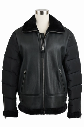 Eco Dye Process Articulated Ergonomic Fit Leather-Poly Shearling Trim Jacket