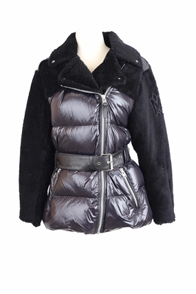 Bomber Cut Reflective Detailing Rune Down Shearling Trim Belted Jacket