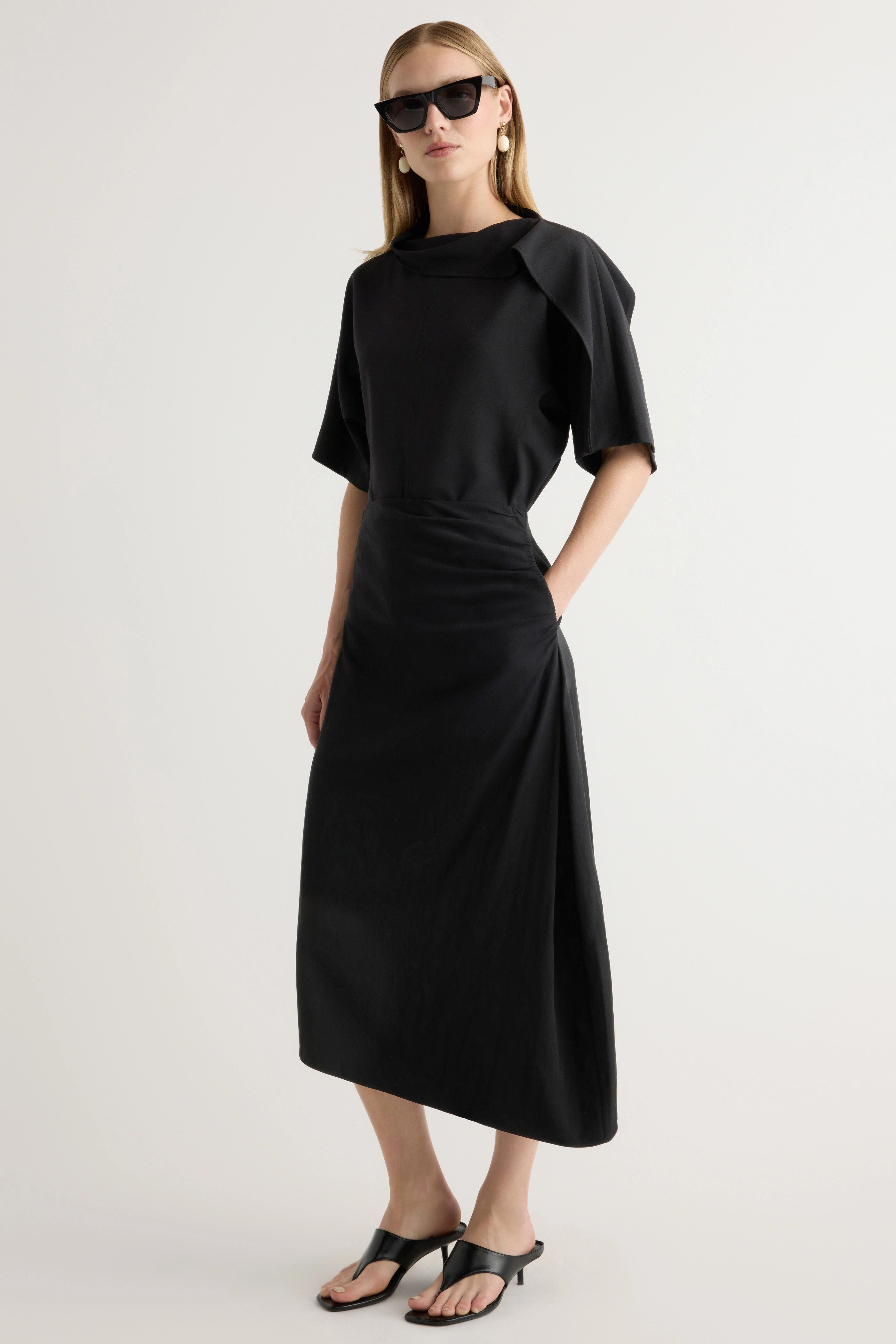 Rita Asymmetric-Hem Shirred Skirt All Day Fit Outfit Lineup
