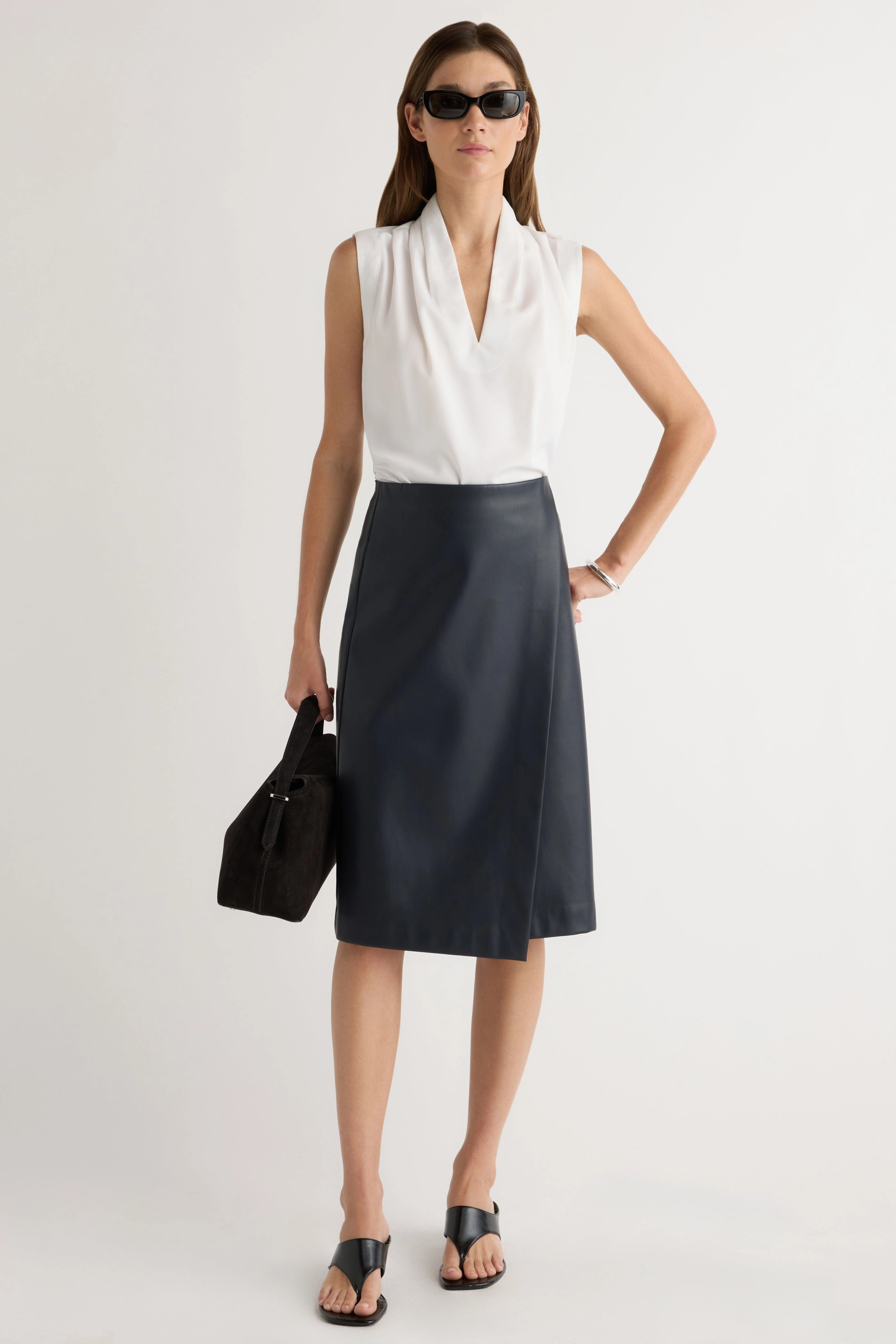 Alba Asymmetric Vegan Leather Skirt Edgy Look Flowy Drape