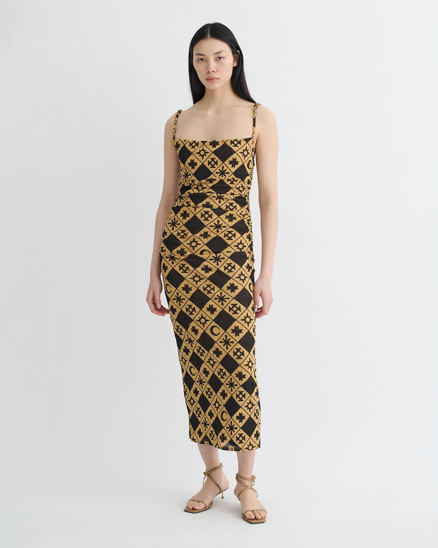 Alexa - Printed Mesh Jersey Midi Dress - Symbol Tile Oak Flowy Cut Breezy Mood