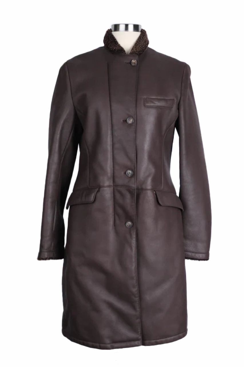 Leather Shearling Lined Overcoat-Brown Flat Lock Stitching Non Restrictive Movement