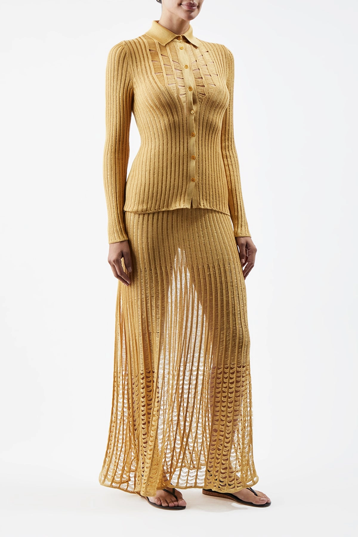 Althea Knit Maxi Skirt in Gold Shappe Silk Design Detail