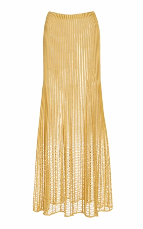 High Street Chic Resort Vacation Althea Knit Maxi Skirt in Gold Shappe Silk