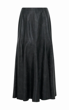 Amy Midi Skirt in Black Leather Ruching Details