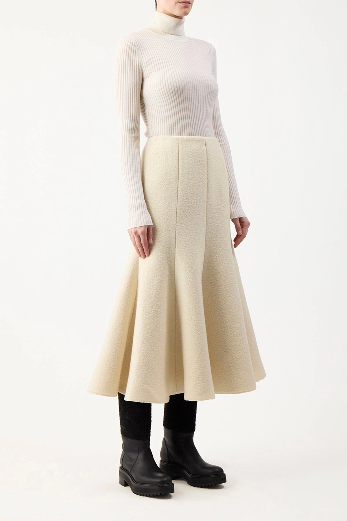 Midi length Blogger Favorite Amy Midi Skirt in Ivory Double-Face Recycled Cashmere Felt