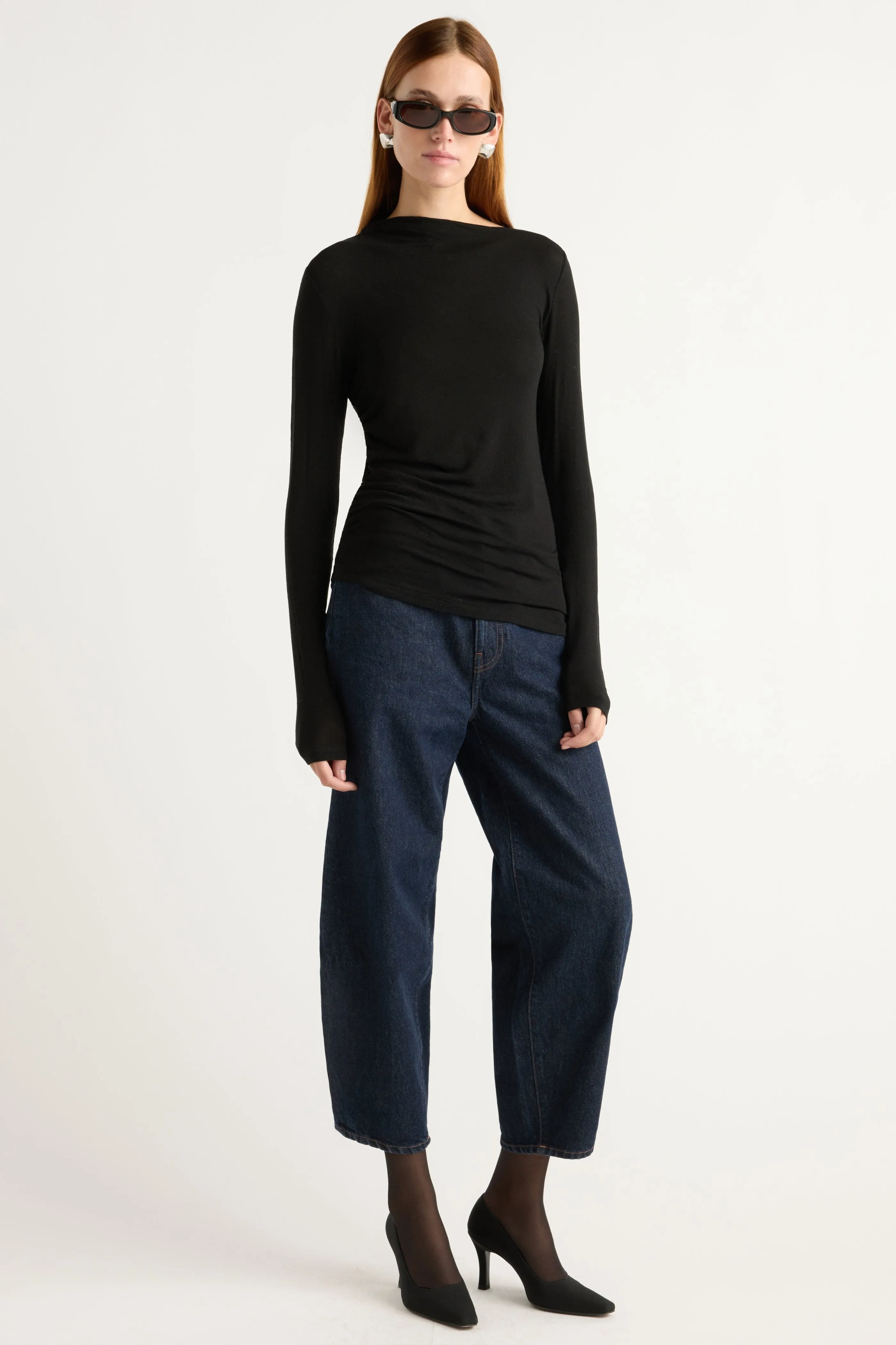 Vittoria Asymmetric-Neck Semi-Sheer Ruched Tee Minimal Fashion