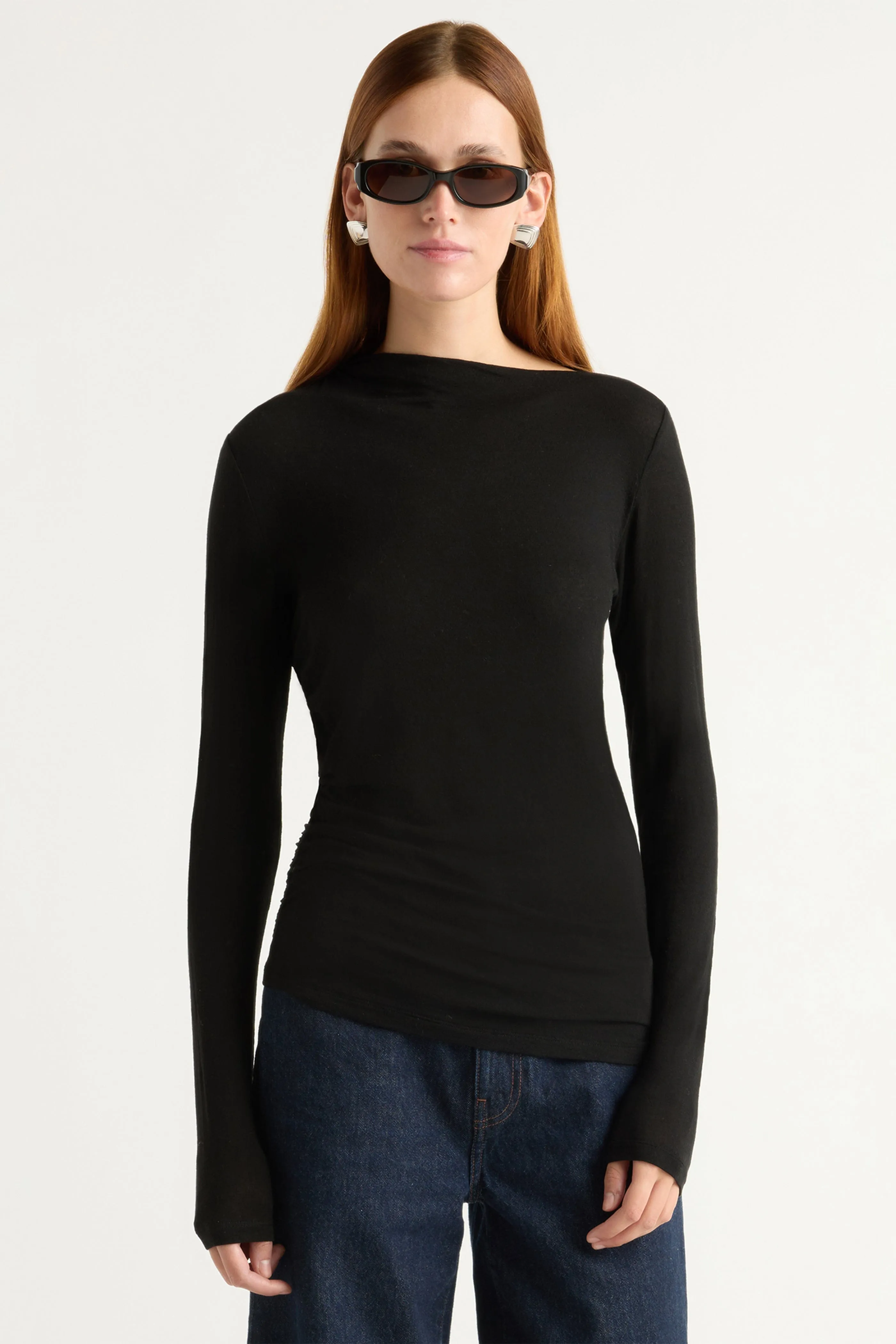 Casual All-Day Easygoing Design Vittoria Asymmetric-Neck Semi-Sheer Ruched Tee