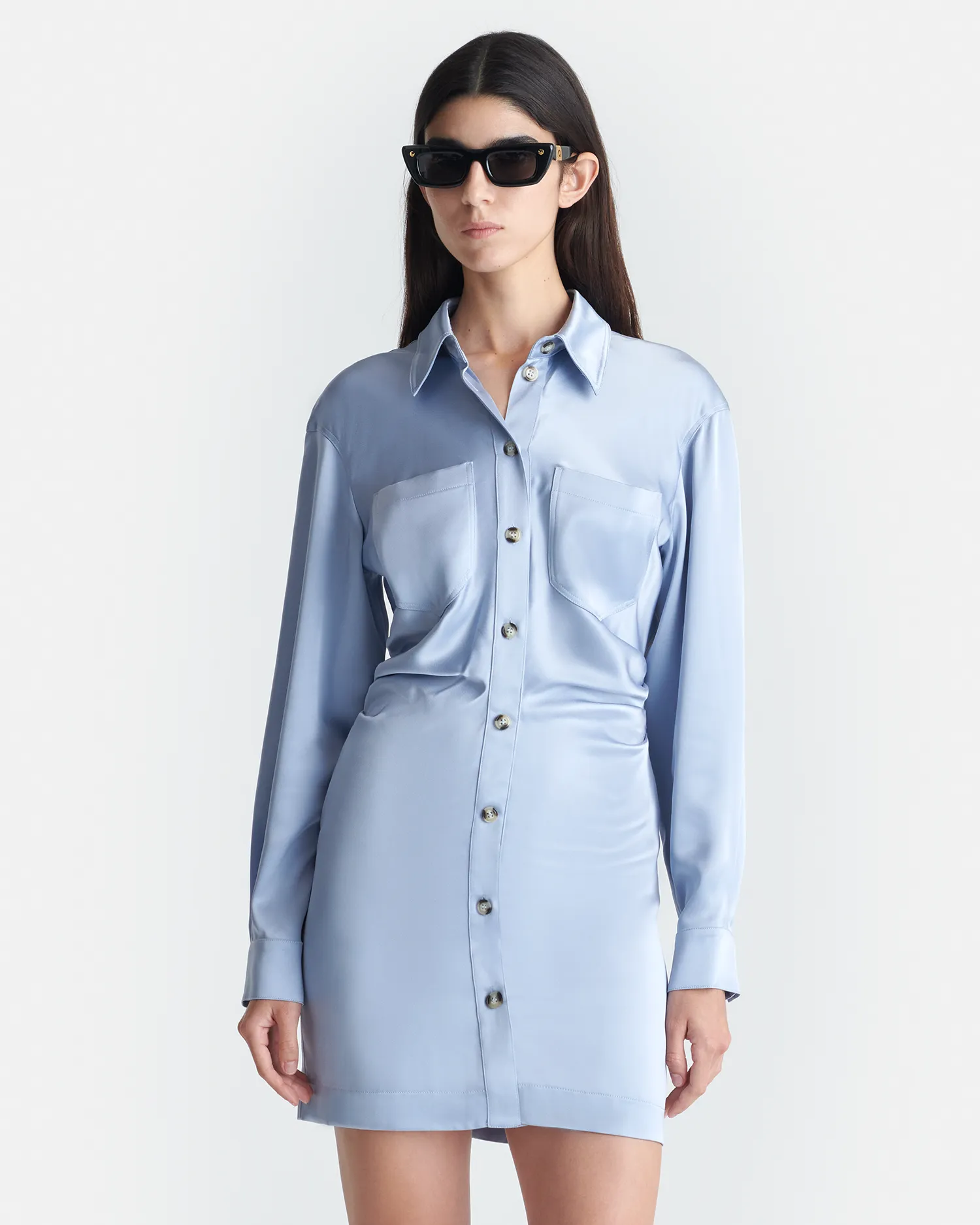 Easy Wrap Flattering Design Arona - Draped Slip Satin Mini Dress - Ice Blue