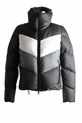 Color-Block Down Puffer Jacket Magnetic Closure System ElasticWaistband