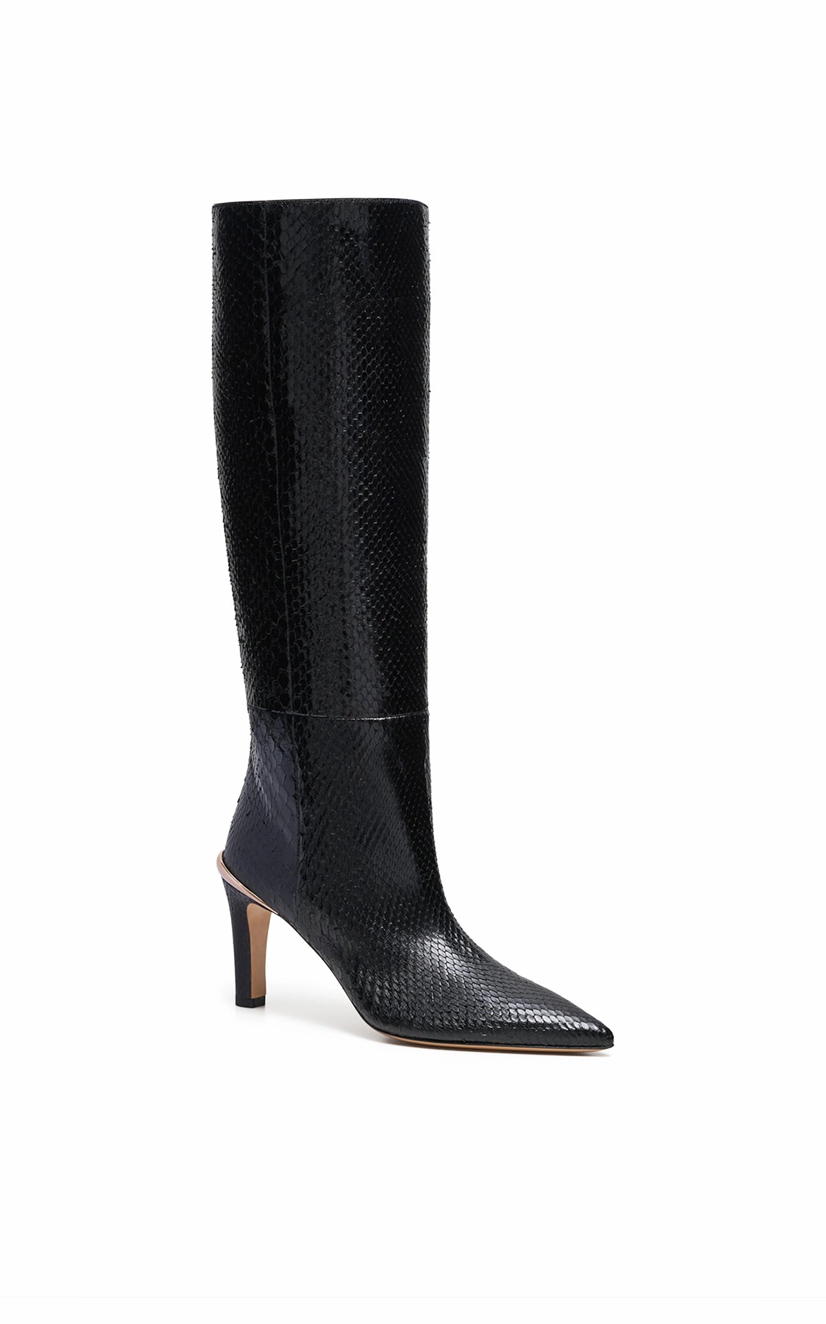 Mud Resistant Daily Walks Aura High Heel Stiletto Tall Boot in Black Snakeskin