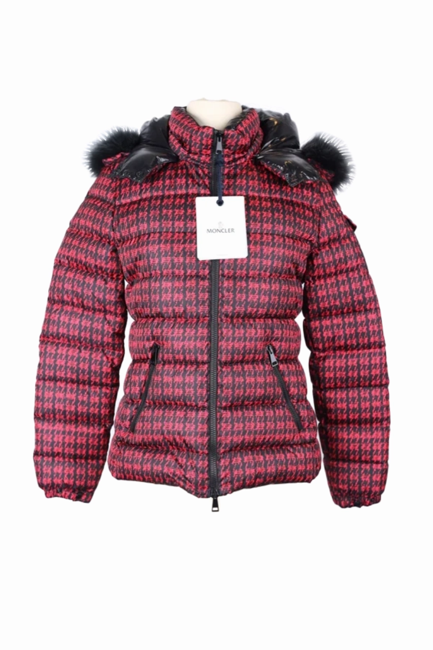 Layered Look Badyfur Houndstooth Fur Hood Puffer Jacket