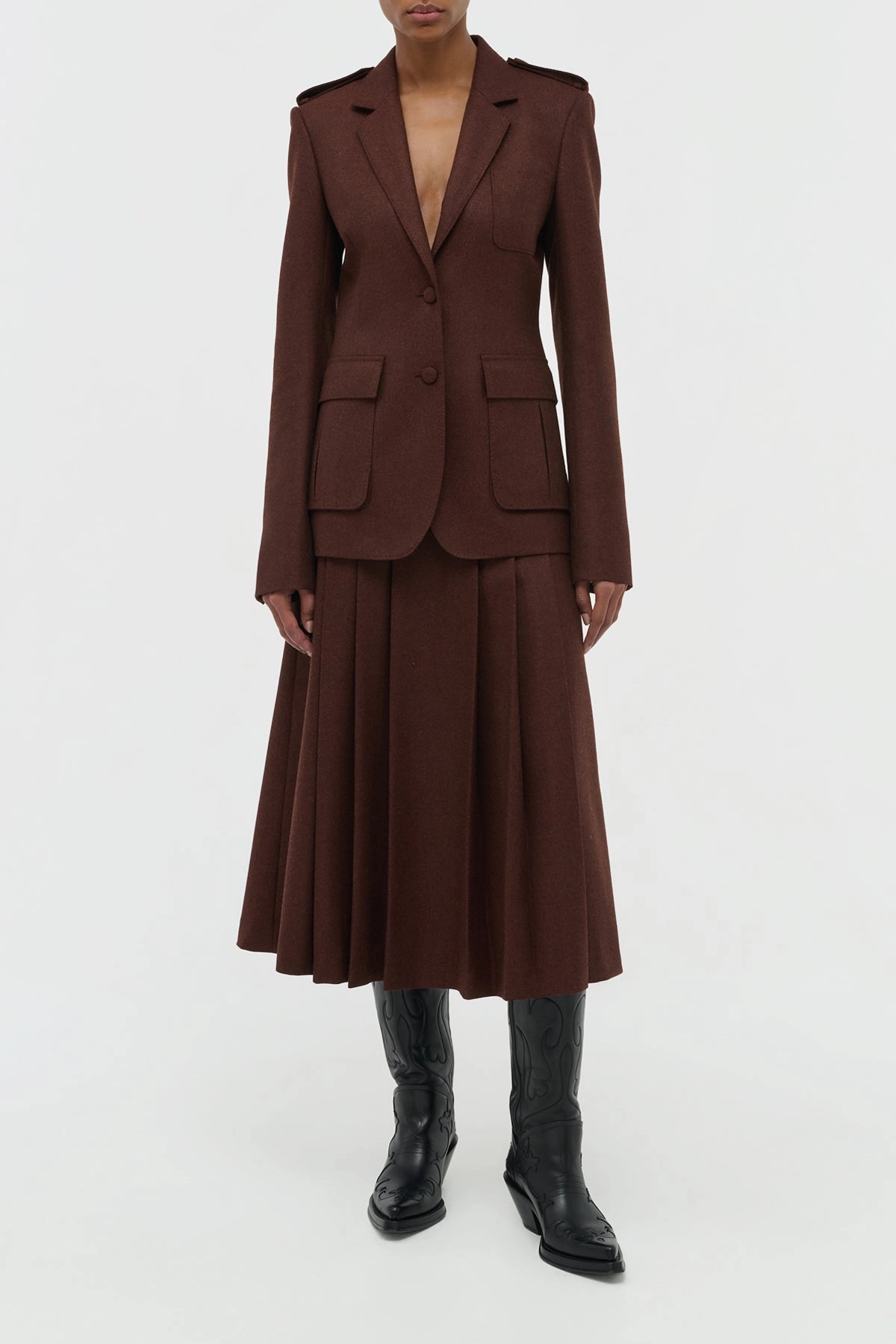 Wesley Pleated Midi Skirt in Burnt Sienna Wool Cashmere Flannel Fade Resistant Cloth