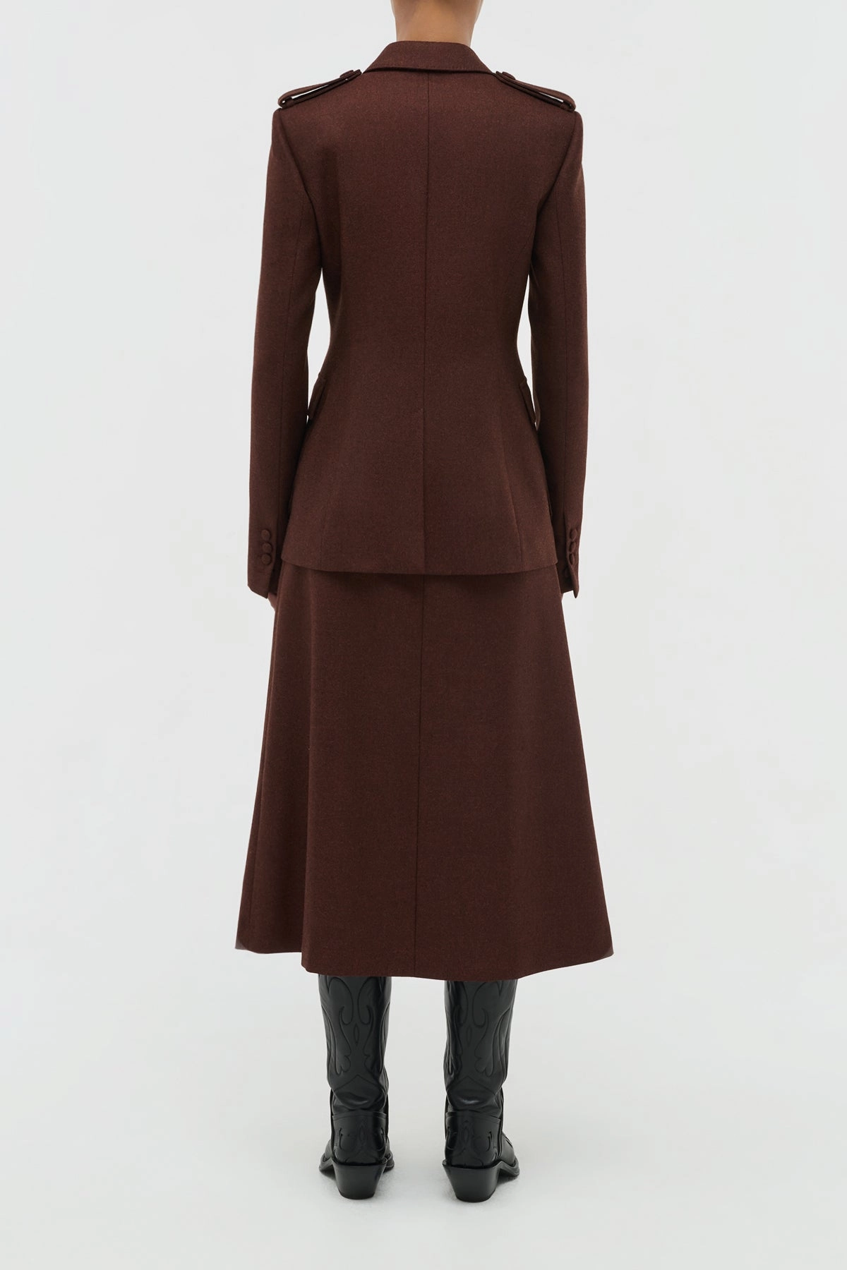 A Line Silhouette Foldable Packability Wesley Pleated Midi Skirt in Burnt Sienna Wool Cashmere Flannel