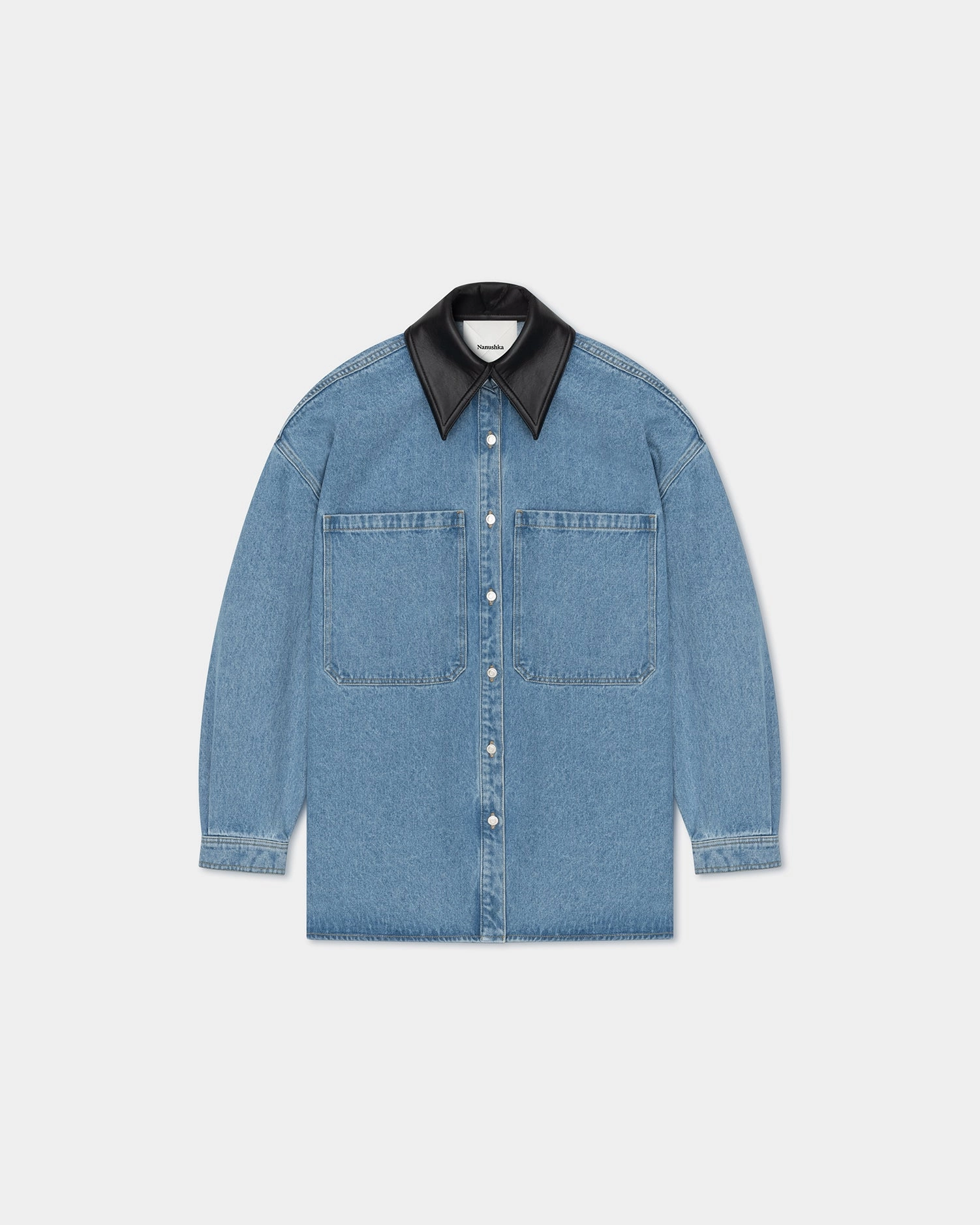 Beaux - Leather-Trimmed Denim Shirt - Mid Blue Wrinkle Resistant Material