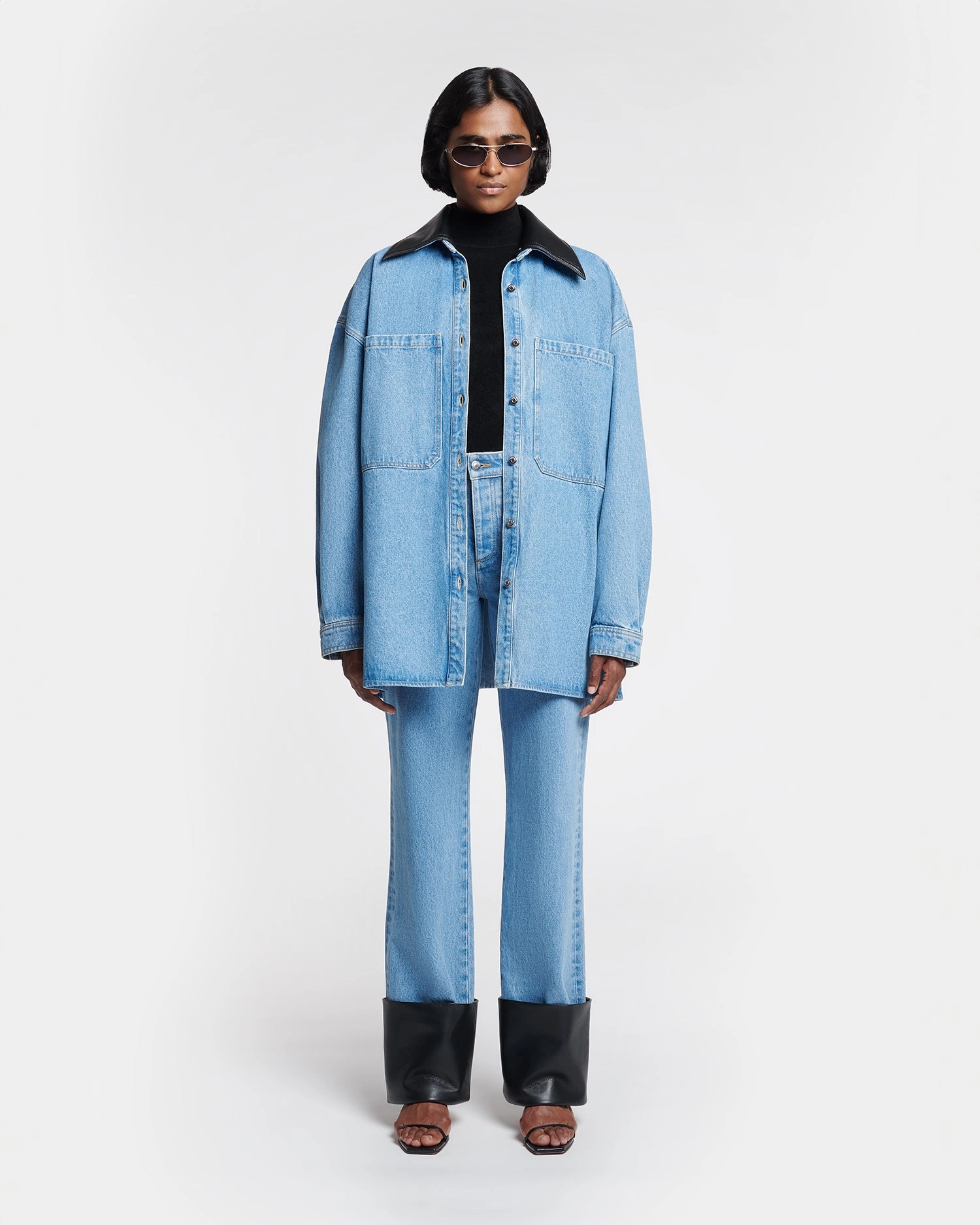 Beaux - Leather-Trimmed Denim Shirt - Mid Blue Fashionable Pick Premium Pima Cotton