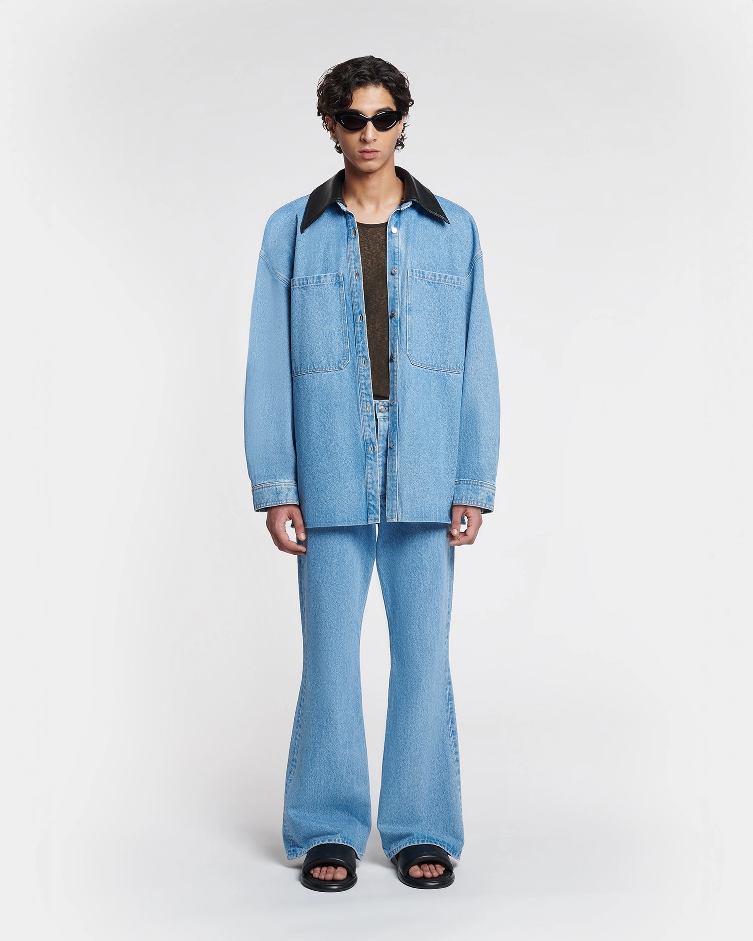 Beaux - Leather-Trimmed Denim Shirt - Mid Blue Chic Wardrobe