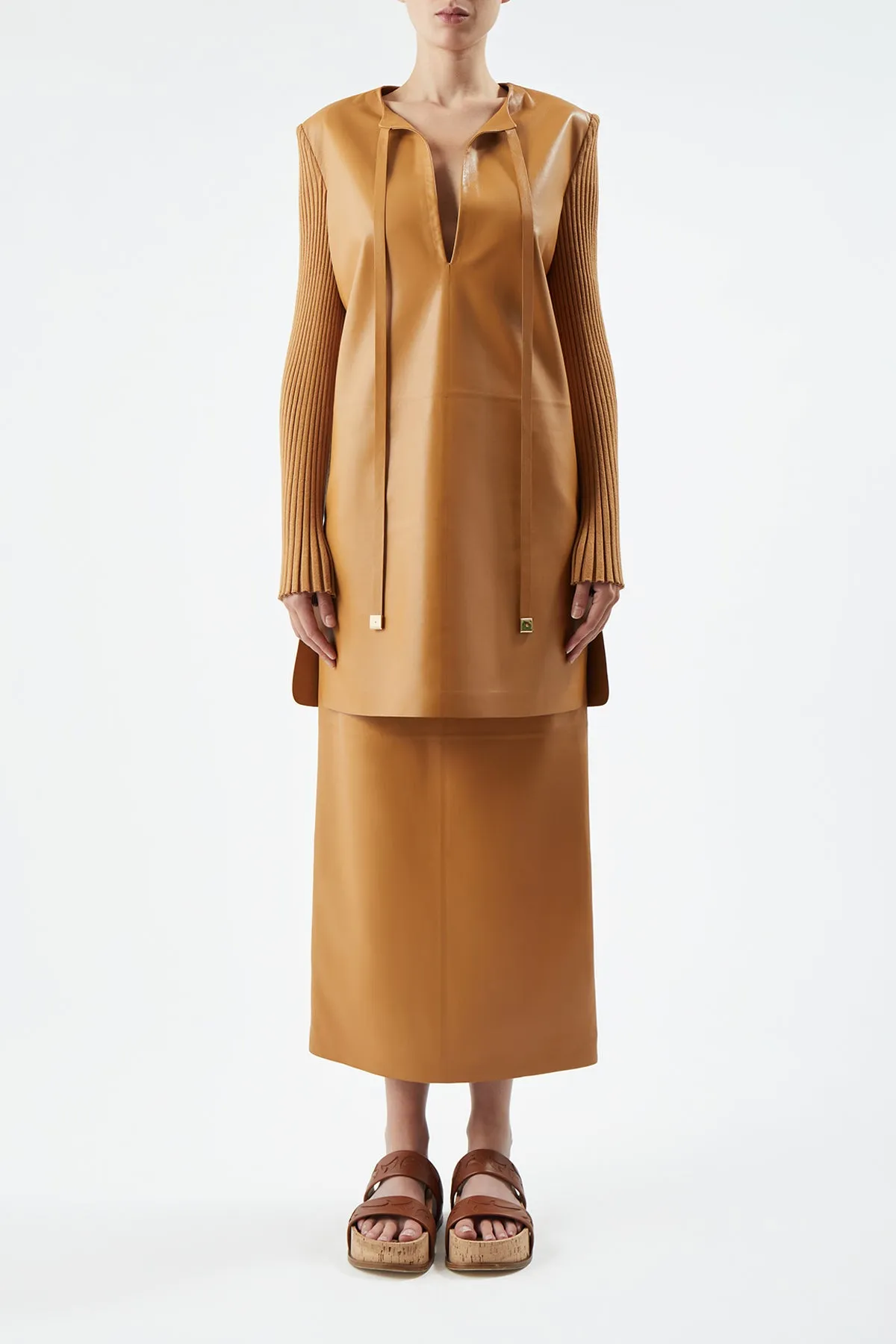 Boho Aesthetic Soft Drape Beko Dress in Cashew Nappa Leather