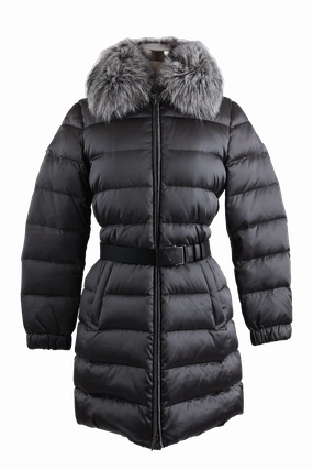 Belted Down Parka W/ Fur Trim High Neck Heavyweight Fabric