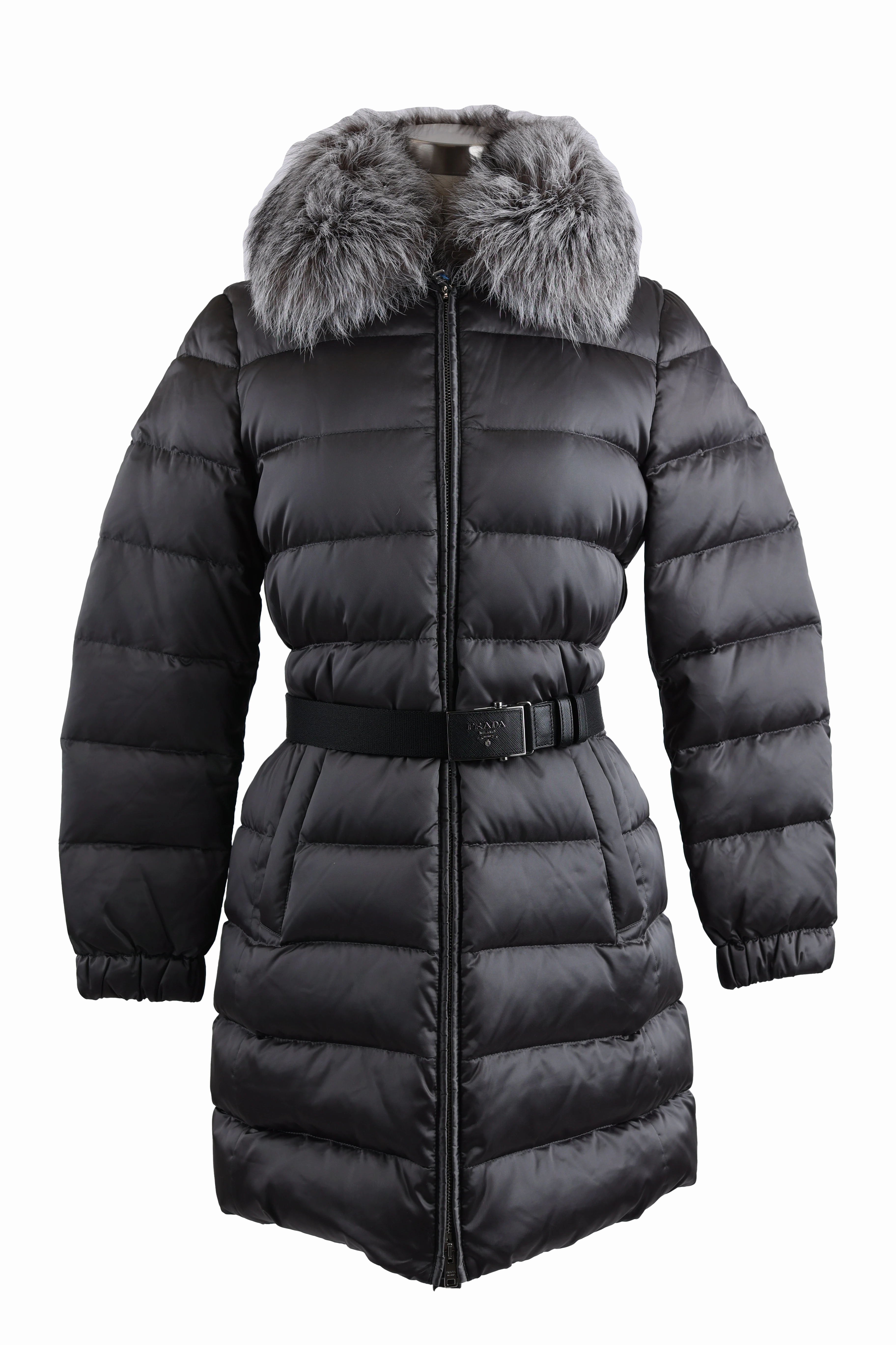 Belted Down Parka W/ Fur Trim High Neck Heavyweight Fabric