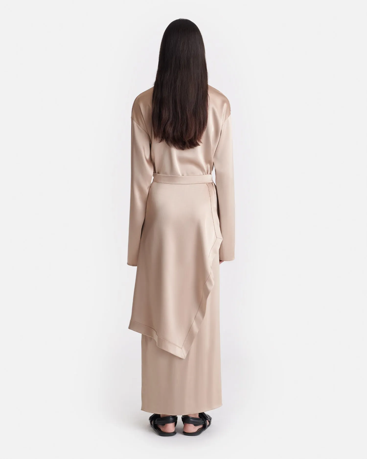 Colter - Draped Slip Satin Midi Dress - Dune Sleek Fit Smooth Outline