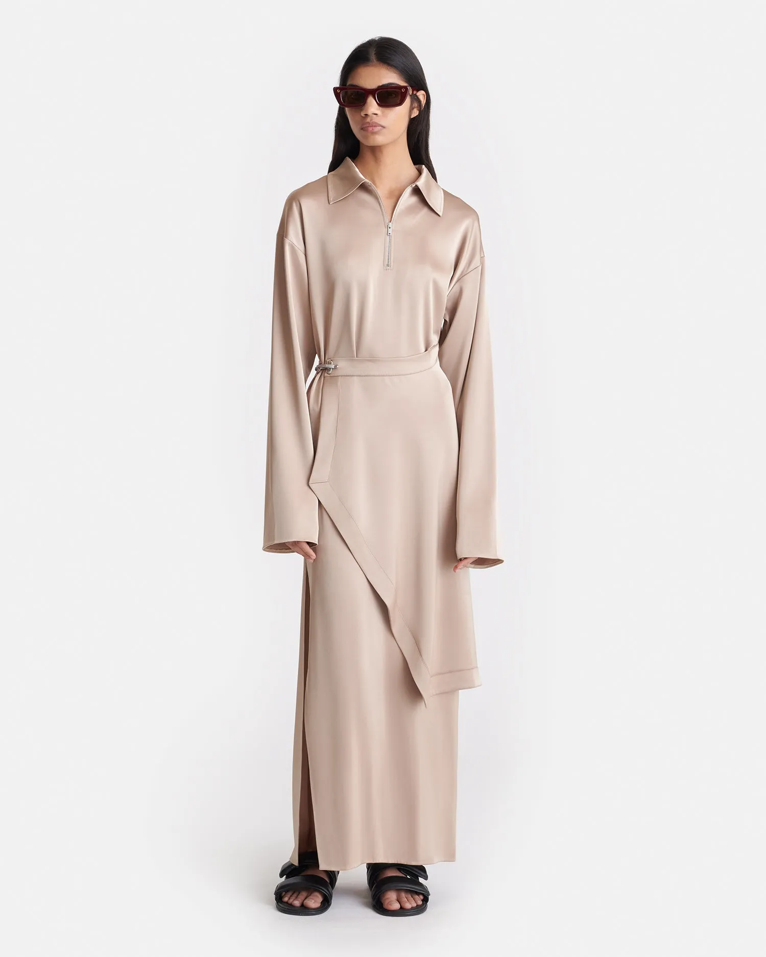 All Season Colter - Draped Slip Satin Midi Dress - Dune