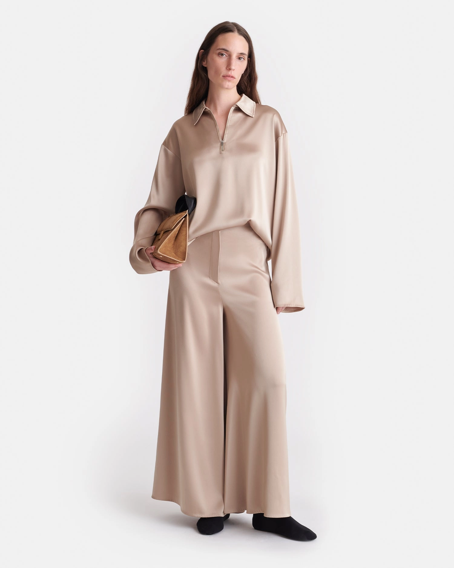 Mencia - Slip Satin Polo-Neck Top - Dune Minimalist Closure Functional Fashion