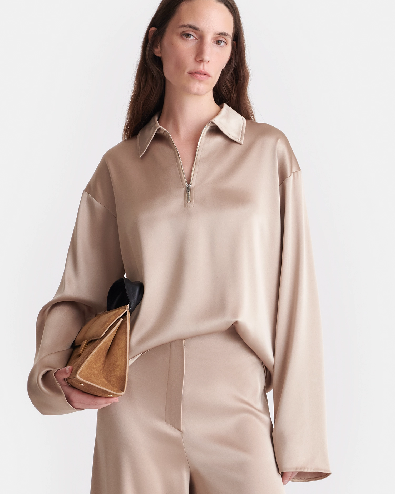 Mencia - Slip Satin Polo-Neck Top - Dune Plaid Design Minimalist Closure