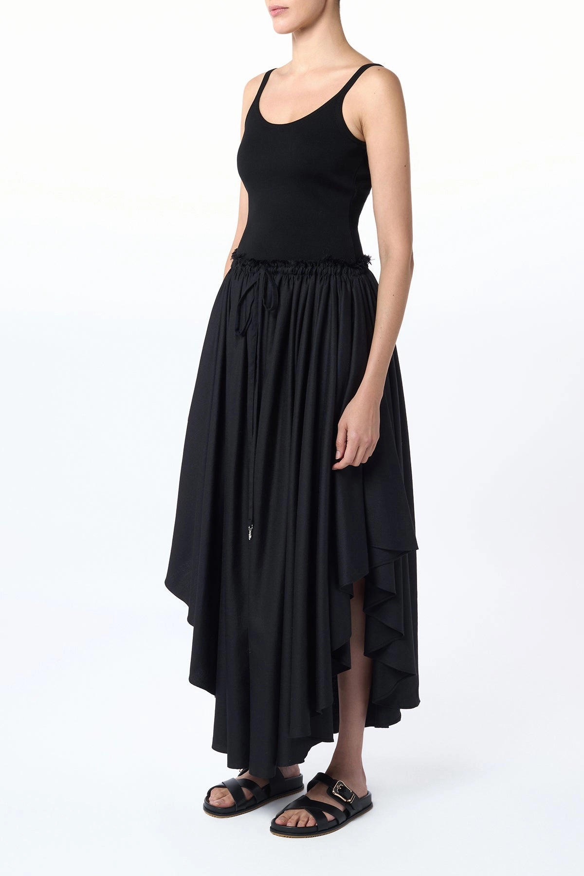 Dea Pleated Maxi Skirt in Black Virgin Wool Silk Linen Year Round Style