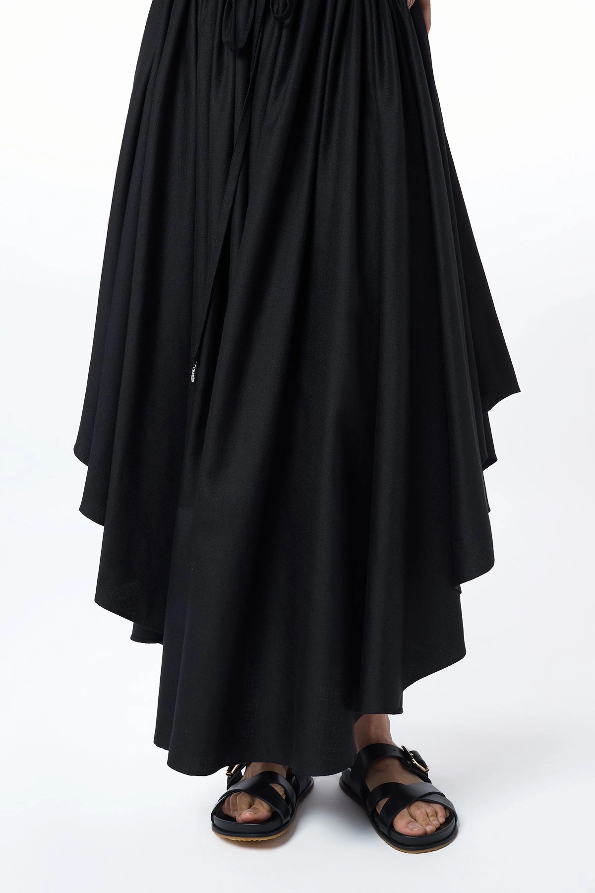 Machine washable Vibrant color Dea Pleated Maxi Skirt in Black Virgin Wool Silk Linen