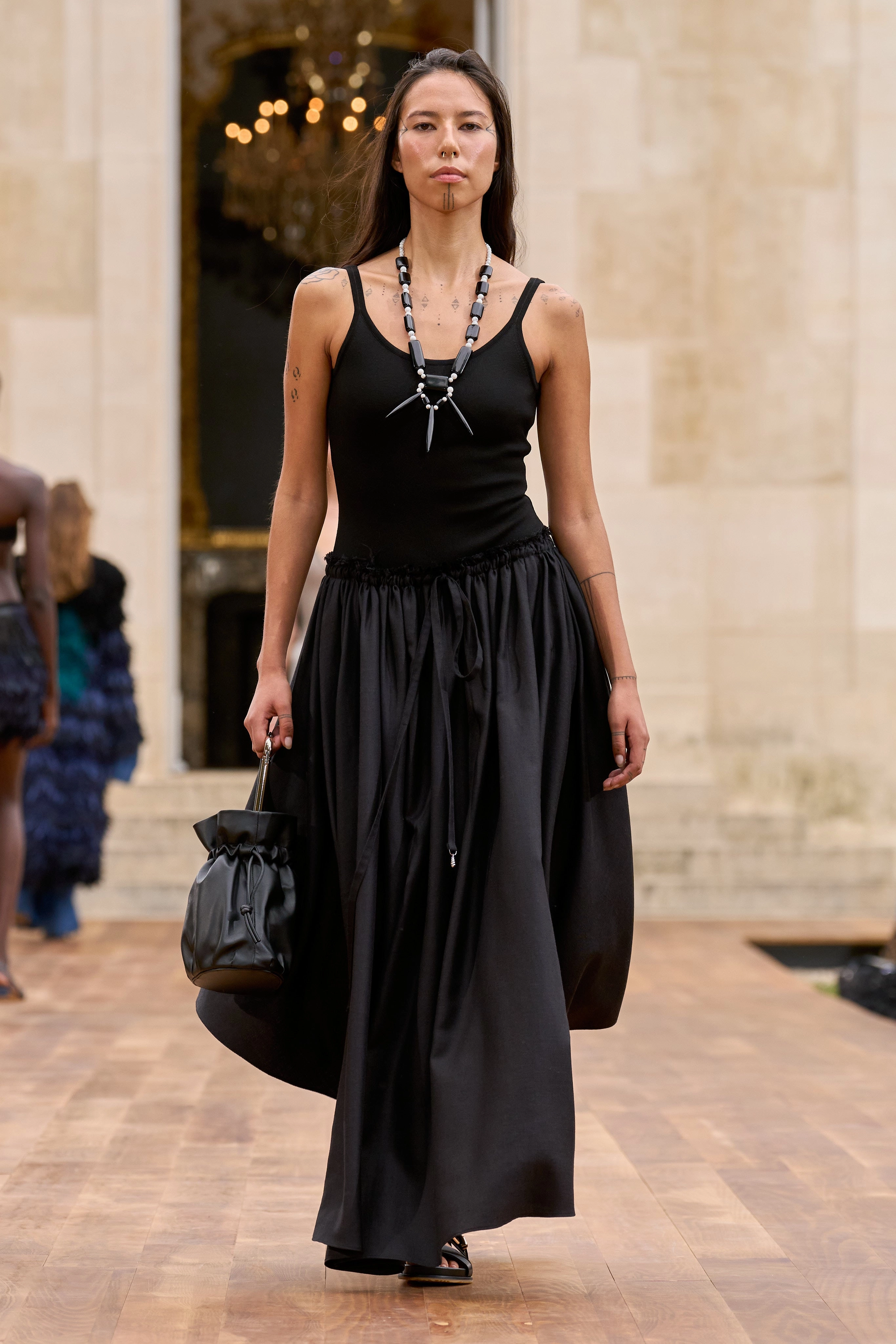 Dea Pleated Maxi Skirt in Black Virgin Wool Silk Linen Weighted Hem