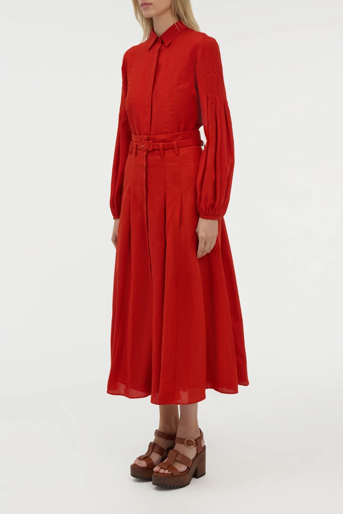 Runway Inspired Dugald Pleated Midi Skirt in Antelope Orange Aloe Linen