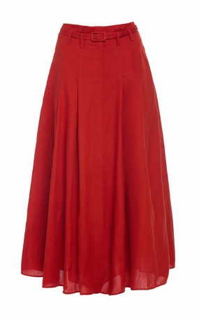 Fashion Tones Dugald Pleated Midi Skirt in Antelope Orange Aloe Linen