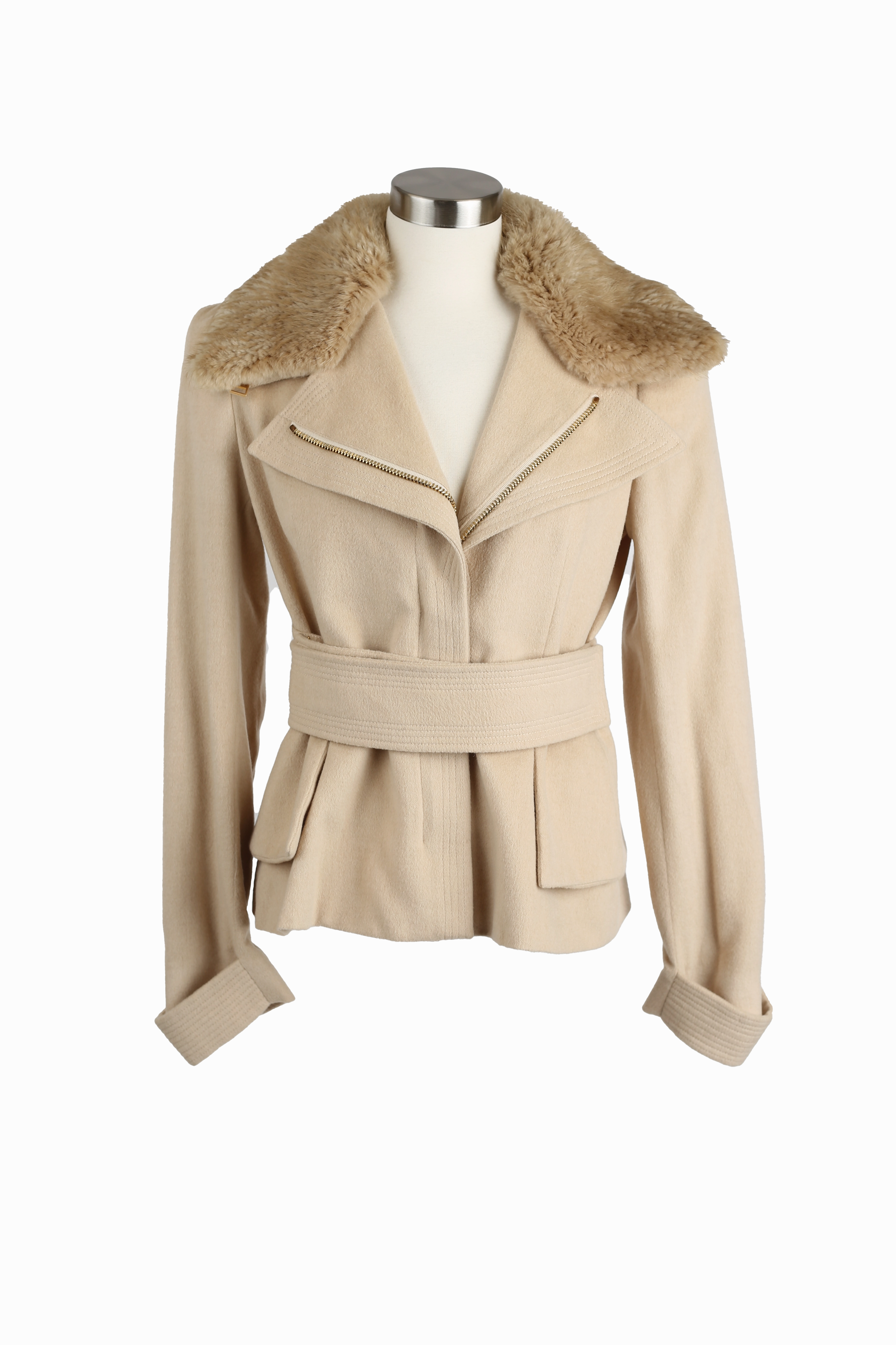 Odor Control Fibers Durable Outer Shell Camel Hair Belted Dress Coat W/ Beaver Fur Collar