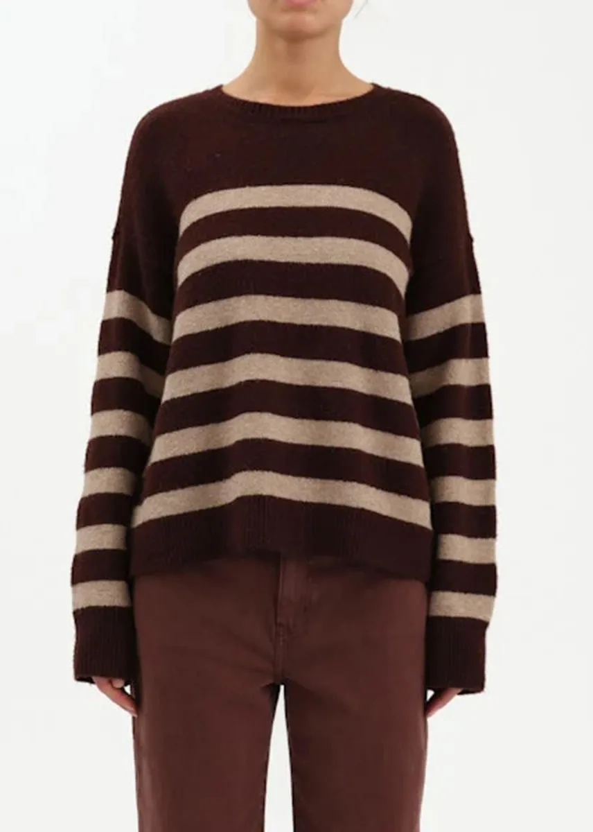 Drop Shoulder Cut Carlyle Everyday Crewneck Sweater - Brown Oat Stripe