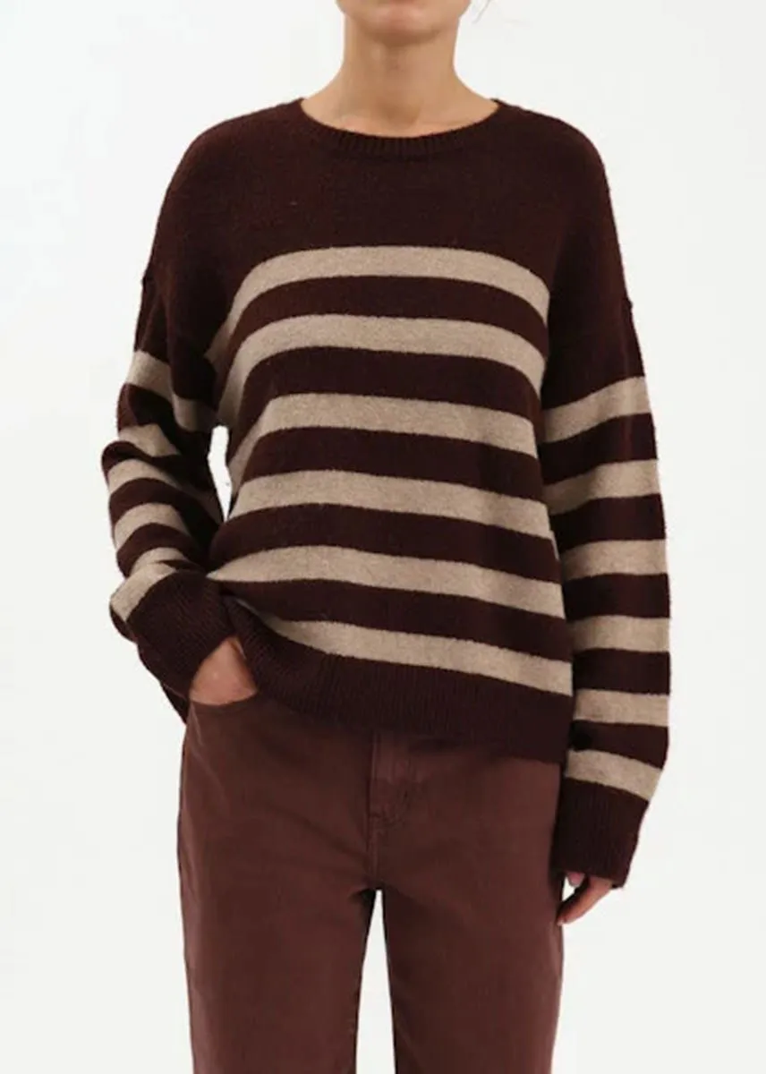 Functional Knit Carlyle Everyday Crewneck Sweater - Brown Oat Stripe