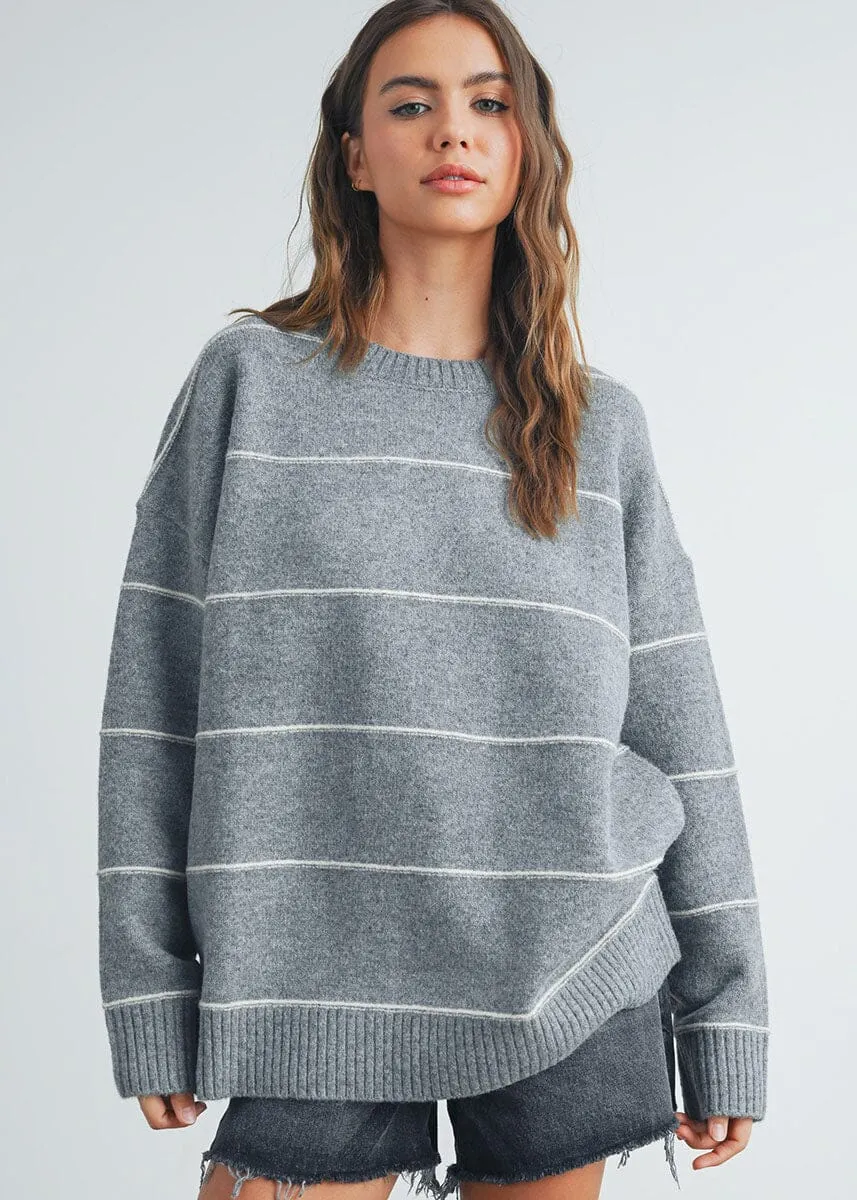 Soft Knit Piece Carlyle Striped Drop-Shoulder Sweater - Grey Multi