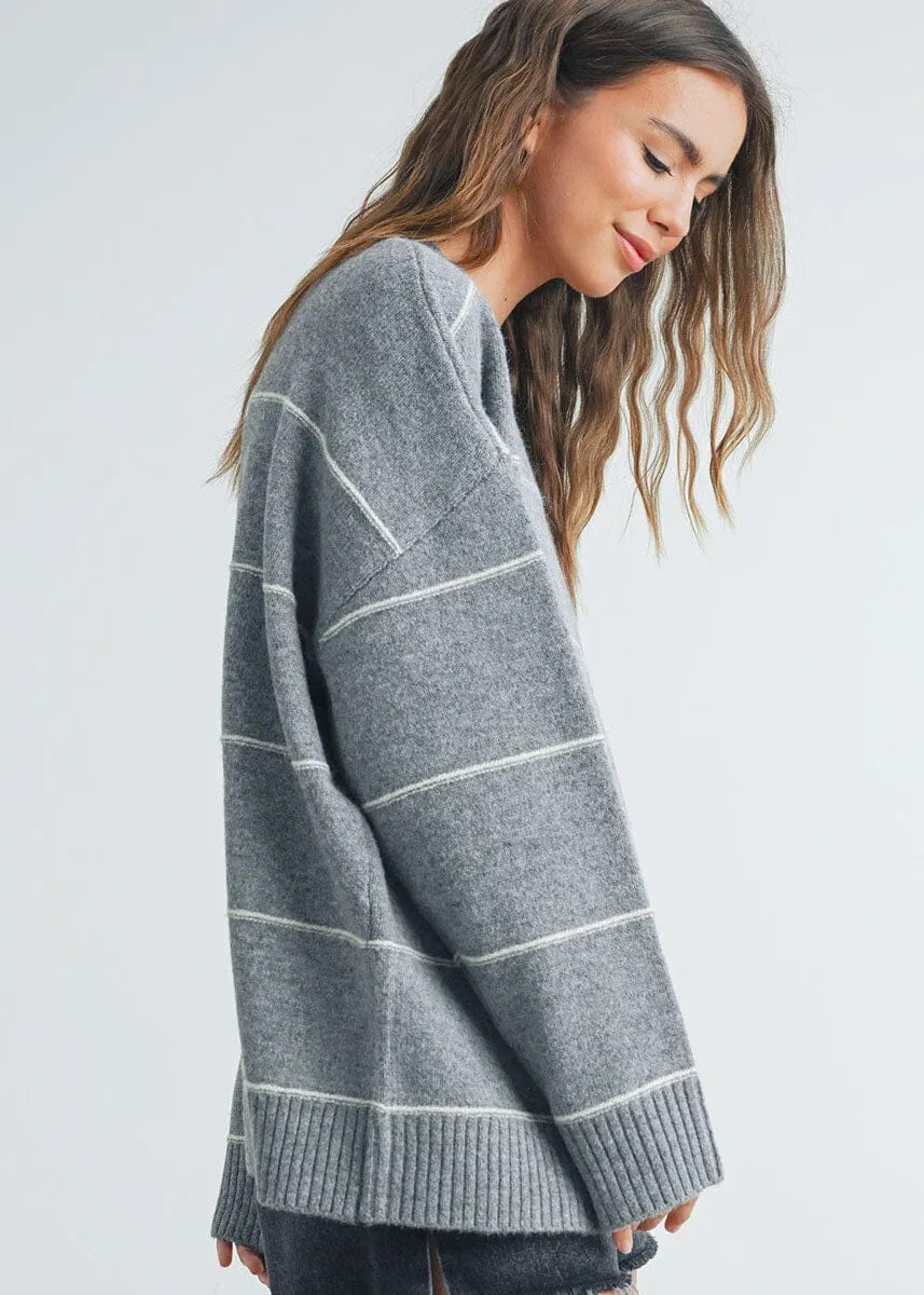 Carlyle Striped Drop-Shoulder Sweater - Grey Multi Functional Style