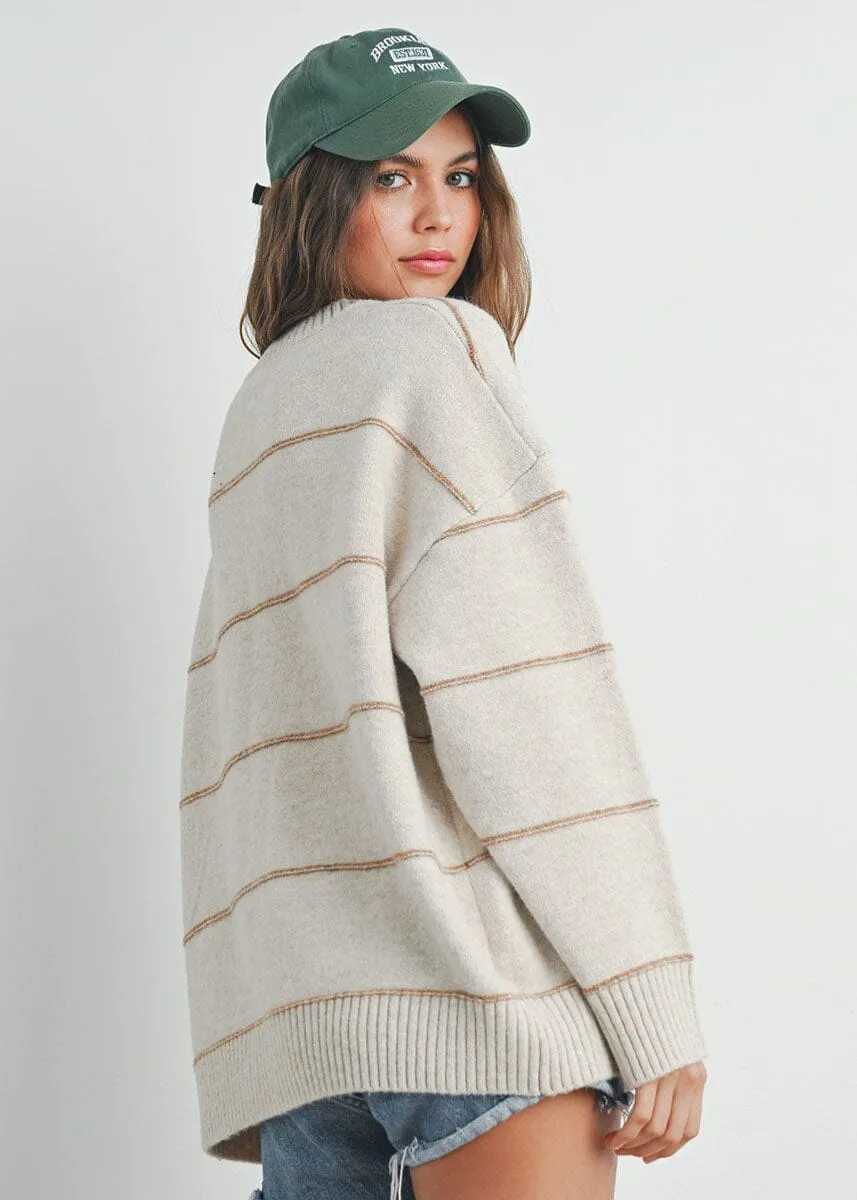 Carlyle Striped Drop-Shoulder Sweater - Taupe Multi Winter Knit Layer