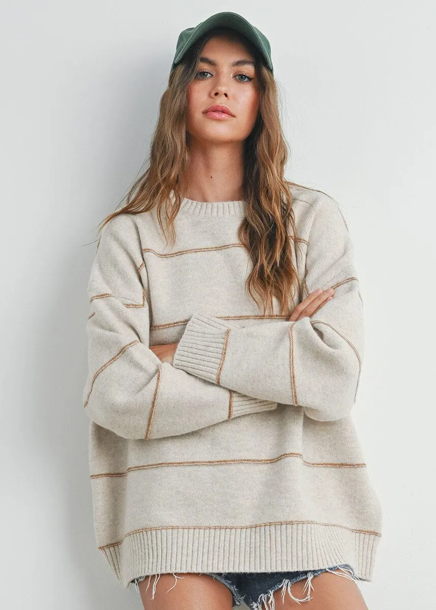 Carlyle Striped Drop-Shoulder Sweater - Taupe Multi Sophisticated Look