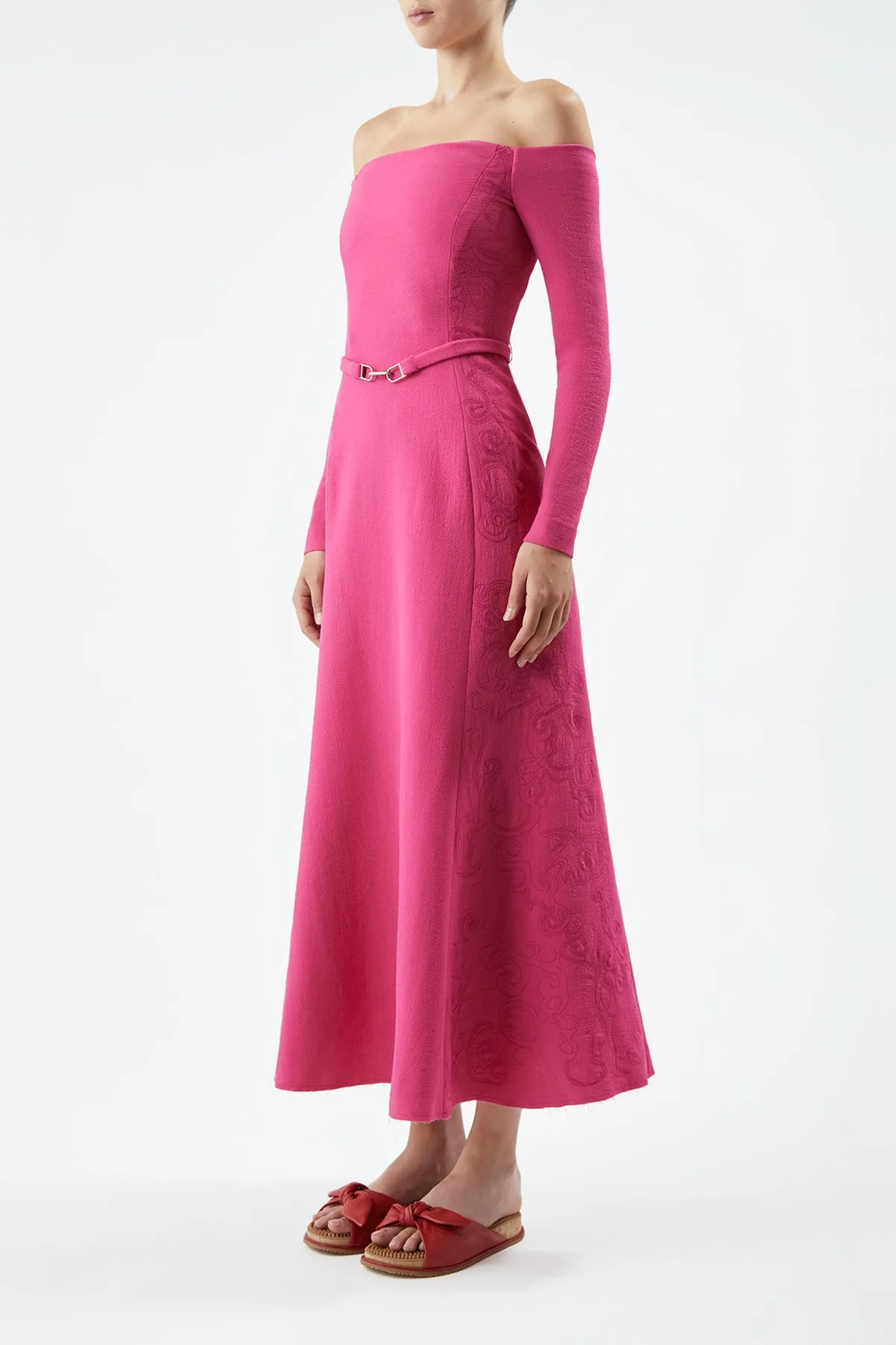 Classic Appeal Carole Embroidered Dress in Fuchia Virgin Wool Crepe