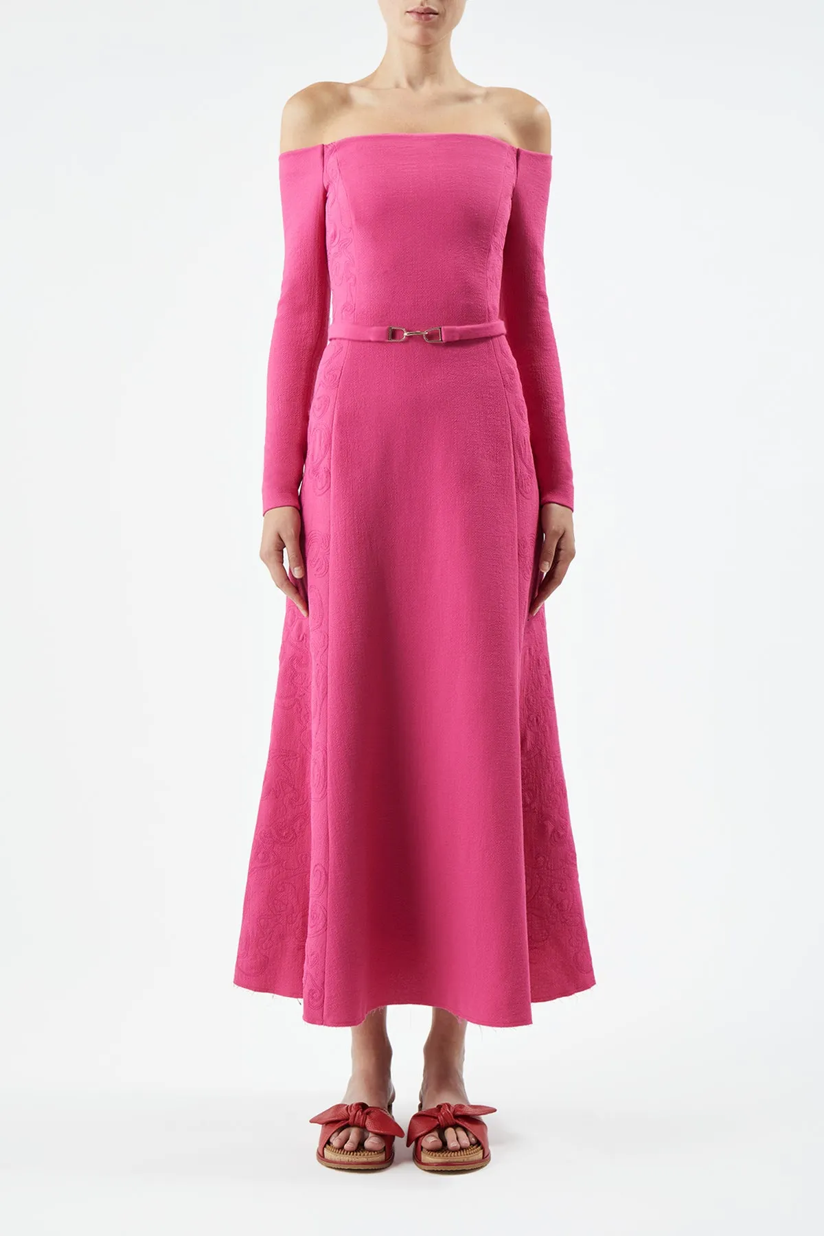 Carole Embroidered Dress in Fuchia Virgin Wool Crepe Smooth Motion NonSlipClosure