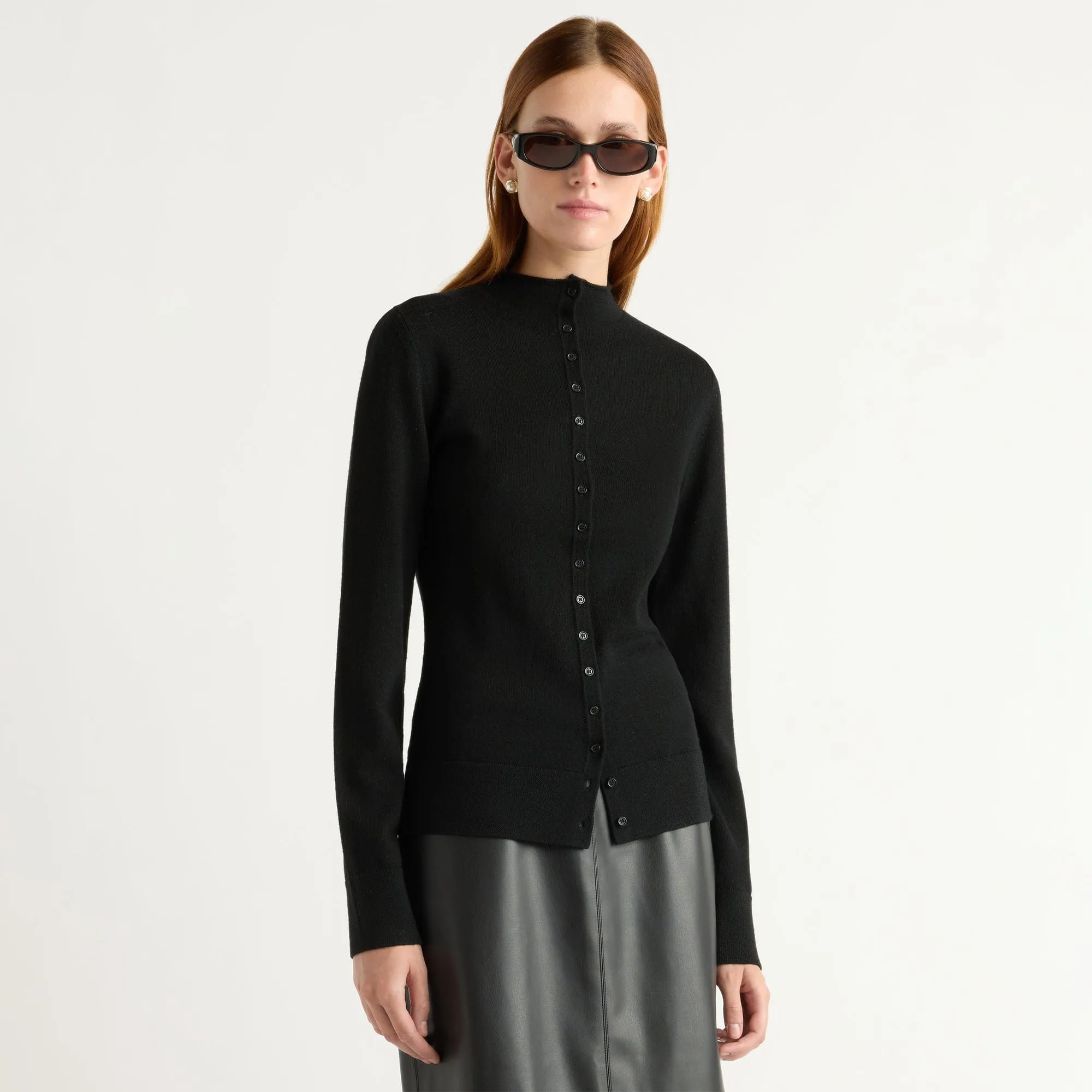 Stretch Comfort Cold-Weather Apparel Charlene Wool Button Mock-Neck Sweater