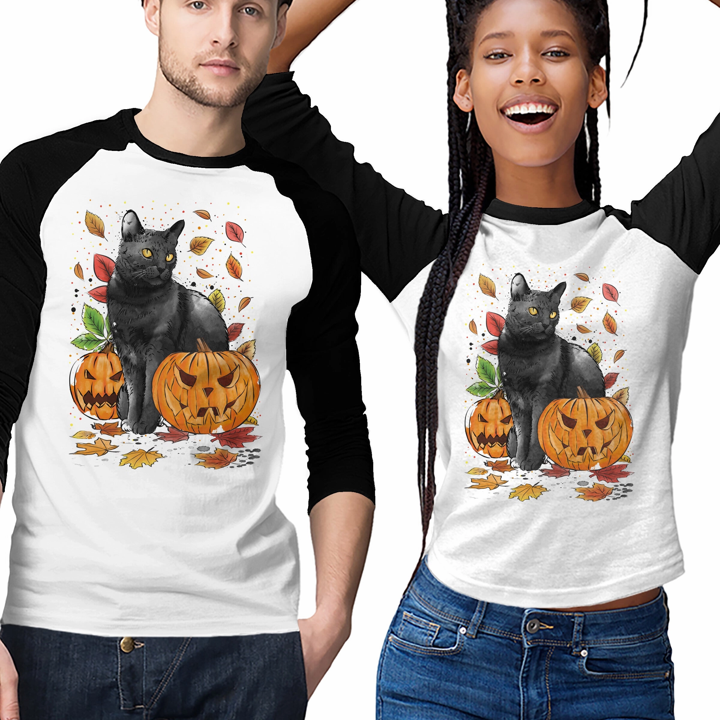 Non Restrictive Silhouette Sophisticated Casual Cat Leaves and Pumpkins