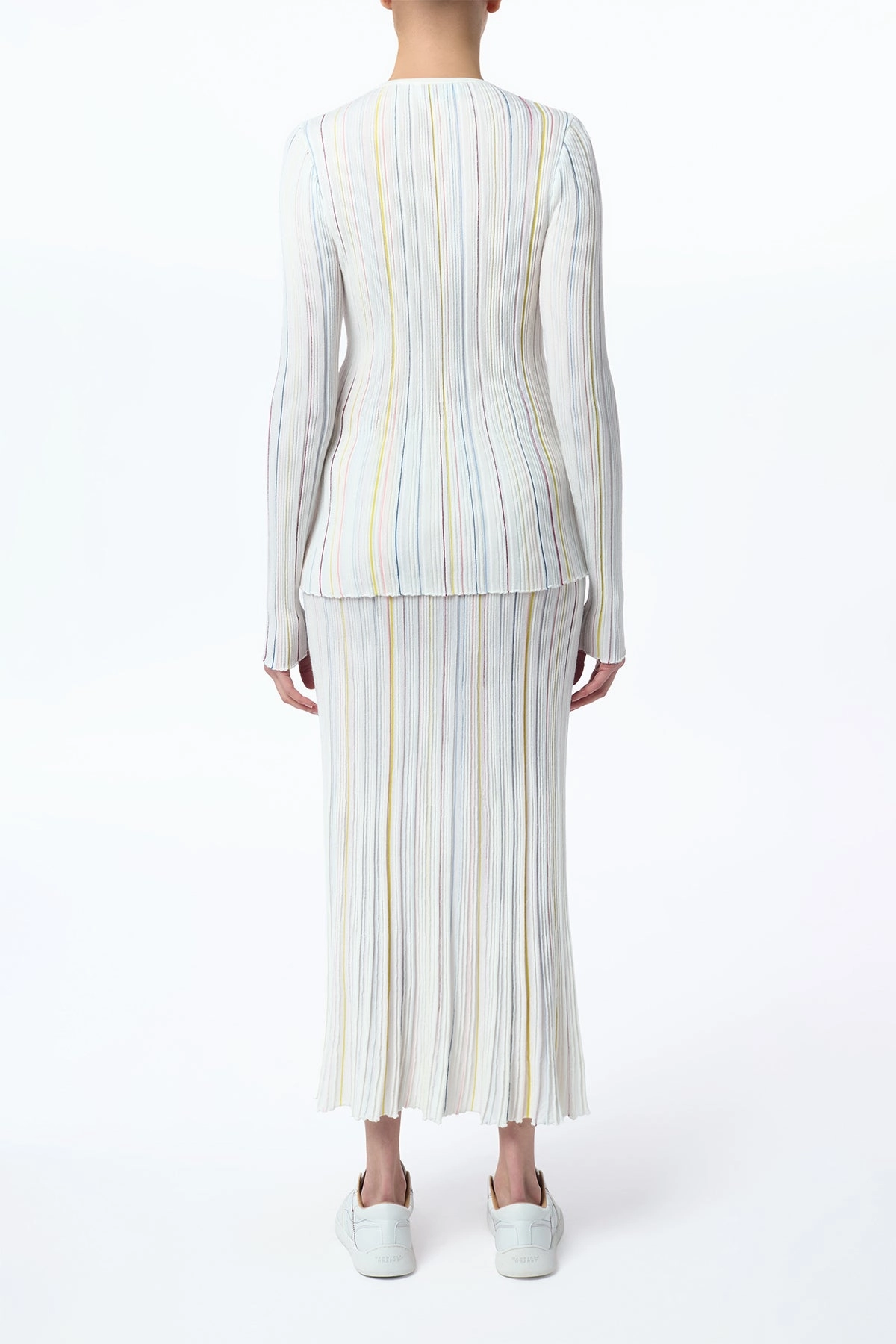 Celeano Pinstripe Knit Midi Skirt in Ivory Multi Merino Wool Easy Motion Design Detail
