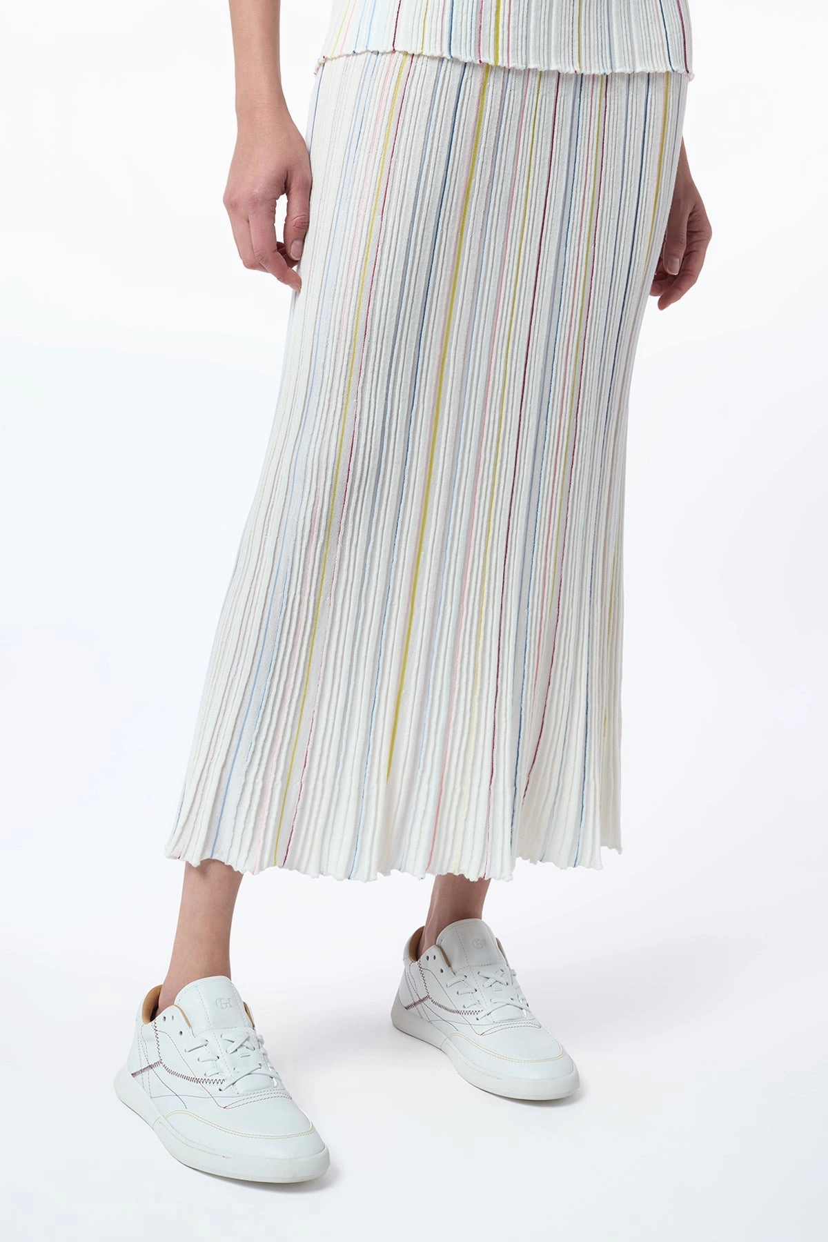 Celeano Pinstripe Knit Midi Skirt in Ivory Multi Merino Wool Fresh Vibe Water Resistant
