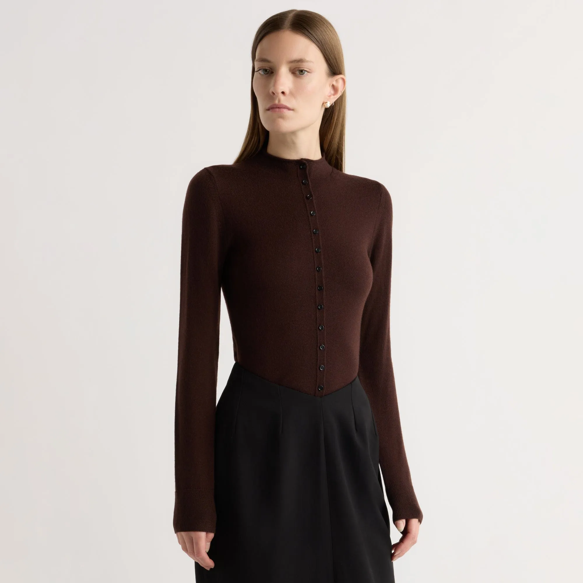 Breathable Material Functional Style Charlene Wool Button Mock-Neck Sweater