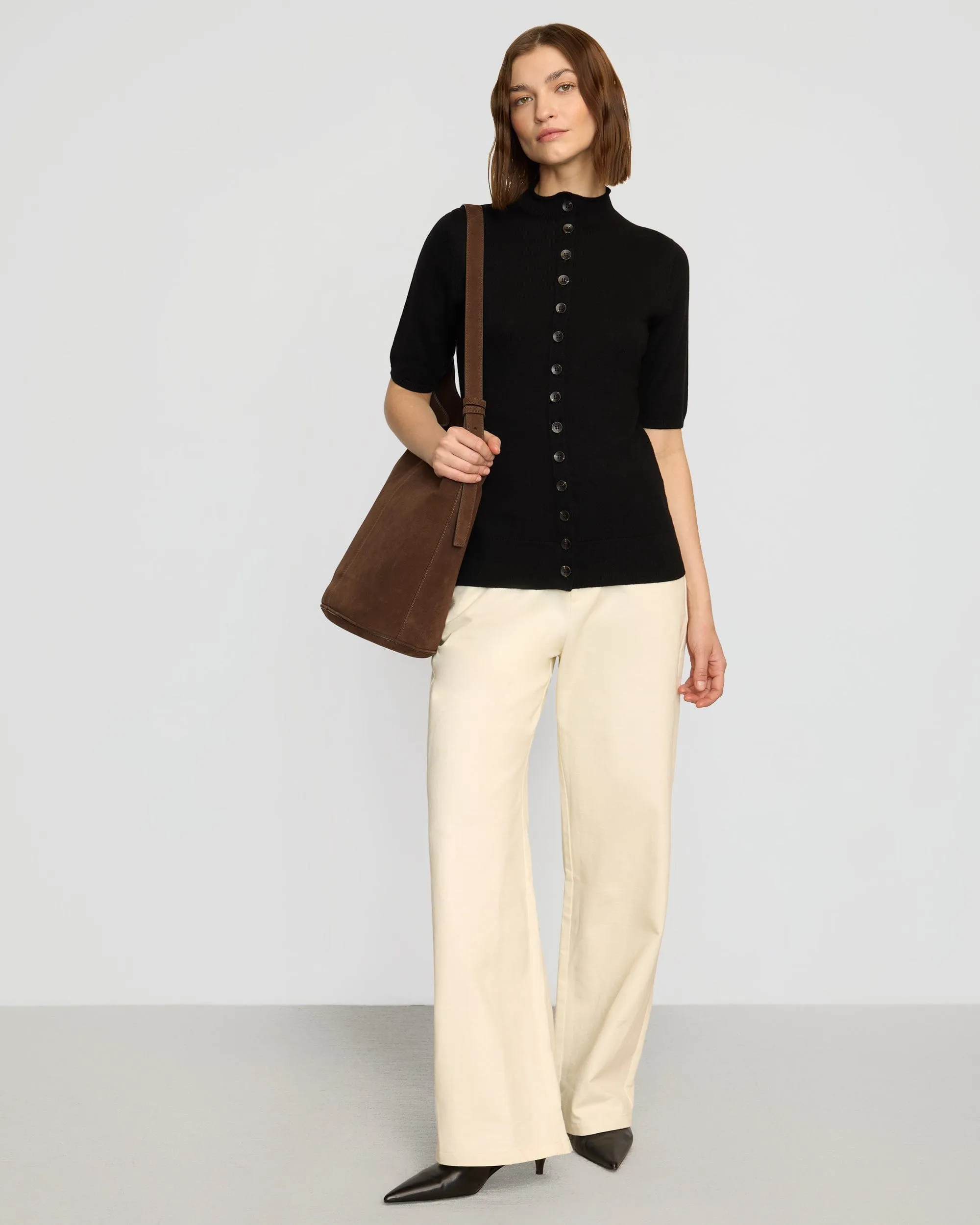 Charlotte Wool Button Short-Sleeve Sweater Comfortable Knit