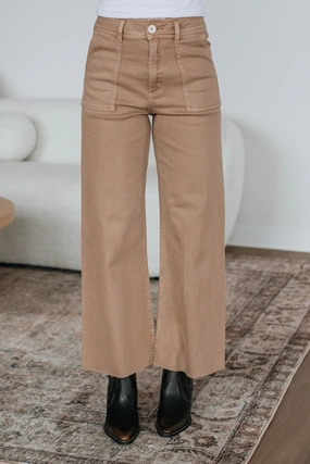 Chasity Wide Leg Pants - Khaki Ripped design Basic Stretch